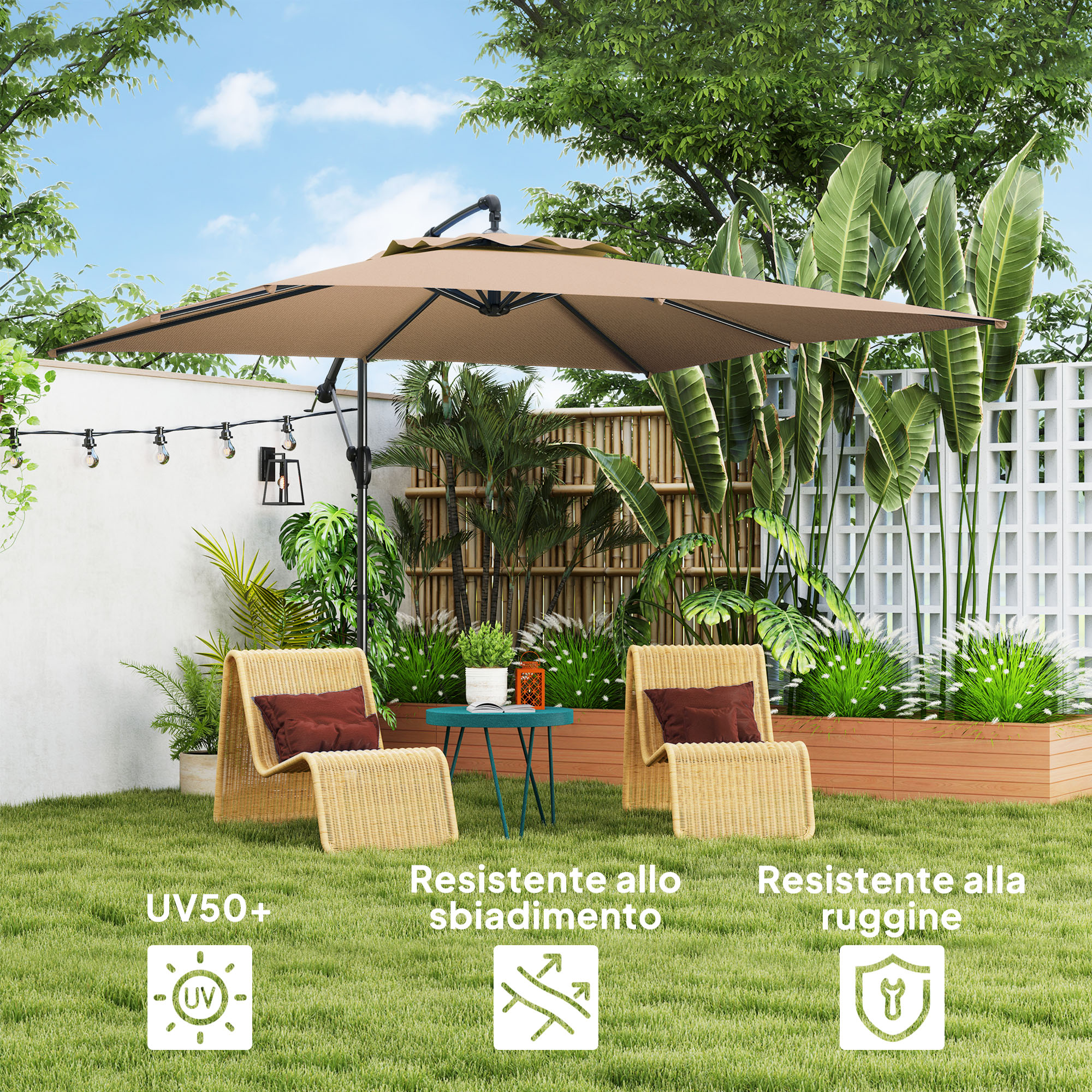 Arredo esterno con ombrellone, due sedie, tavolo e piante.