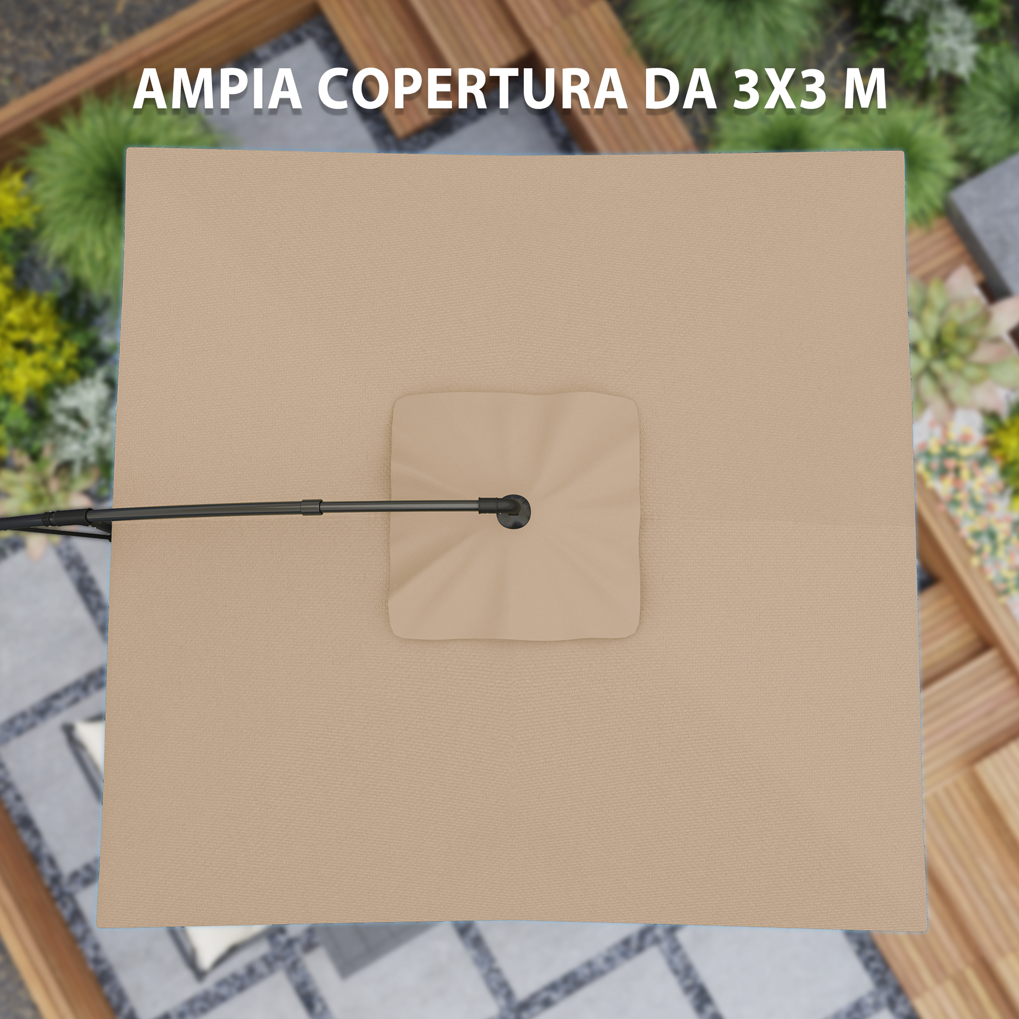 Ombrellone beige con palo scuro, all'esterno su un patio.