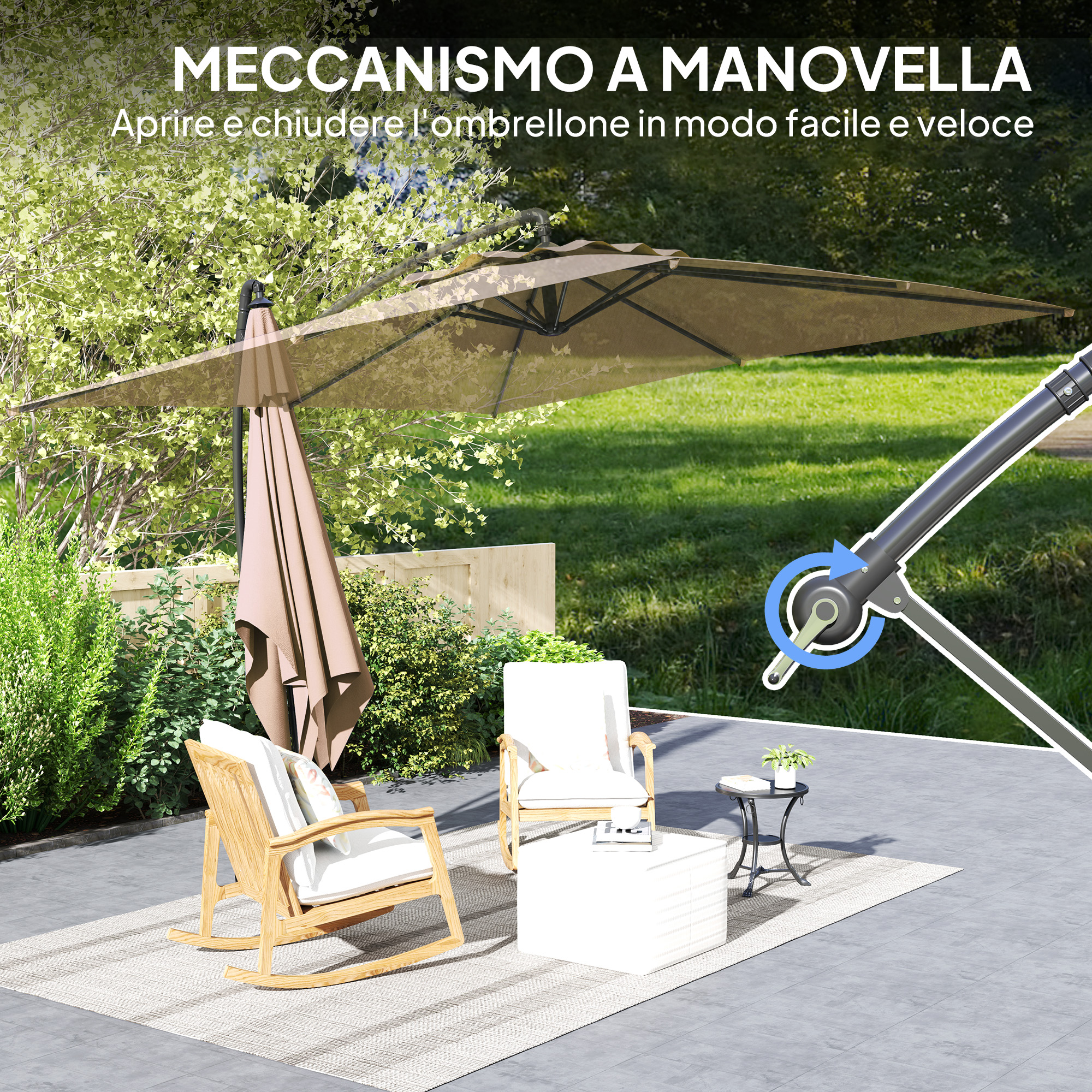 Scena patio con ombrellone marrone aperto, sedie a dondolo e dettaglio meccanismo a manovella.