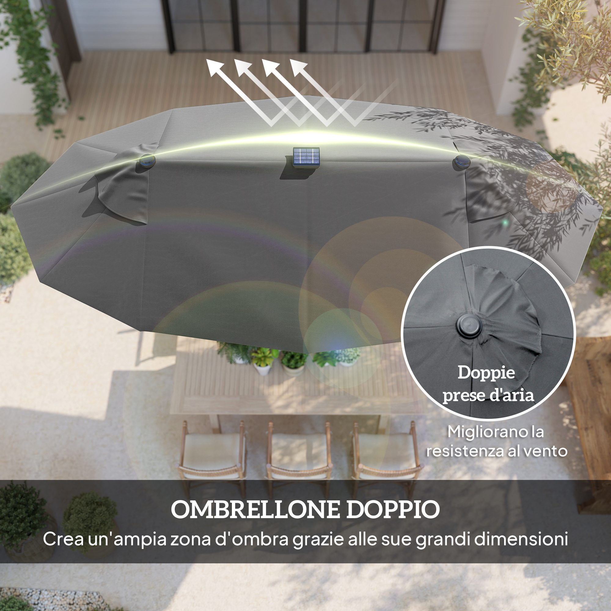 Ombrellone grigio con pannello solare e prese d'aria, mostrato all'aperto.