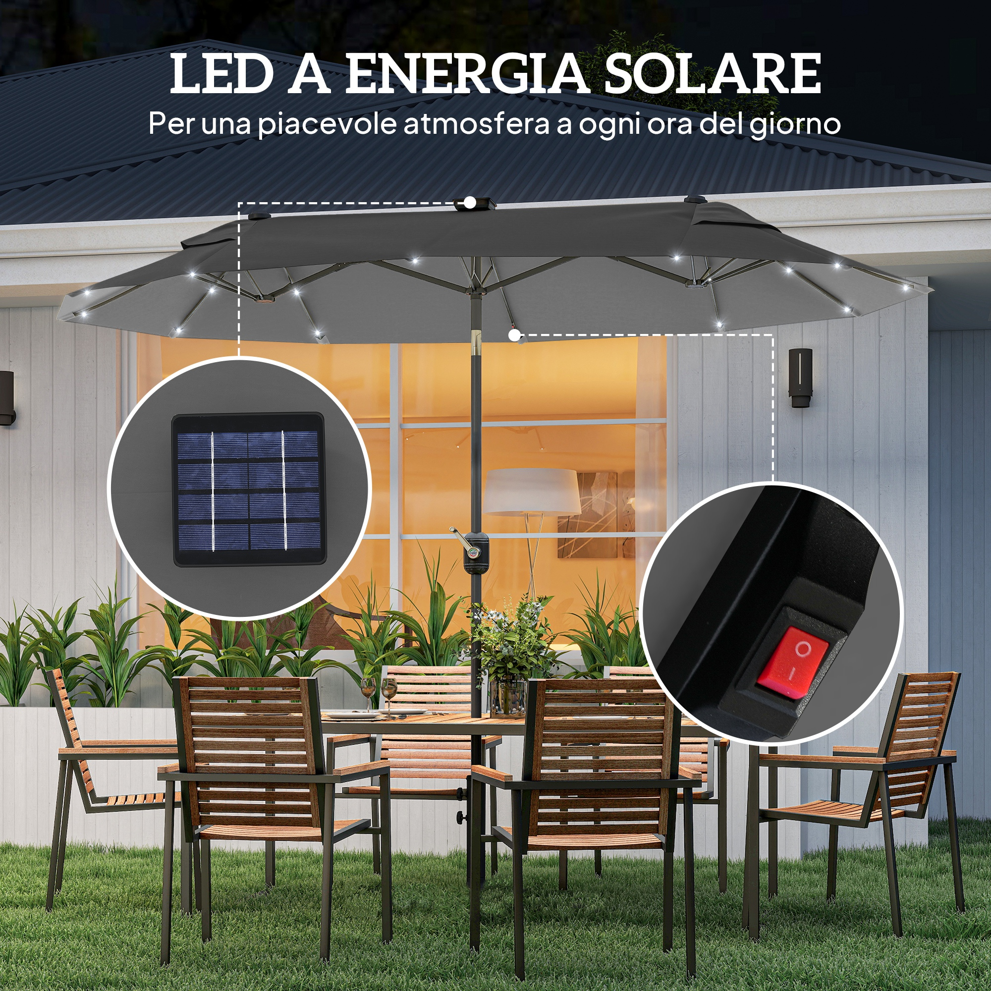 Un ombrellone con LED sopra un tavolo da giardino con sedie sull'erba.