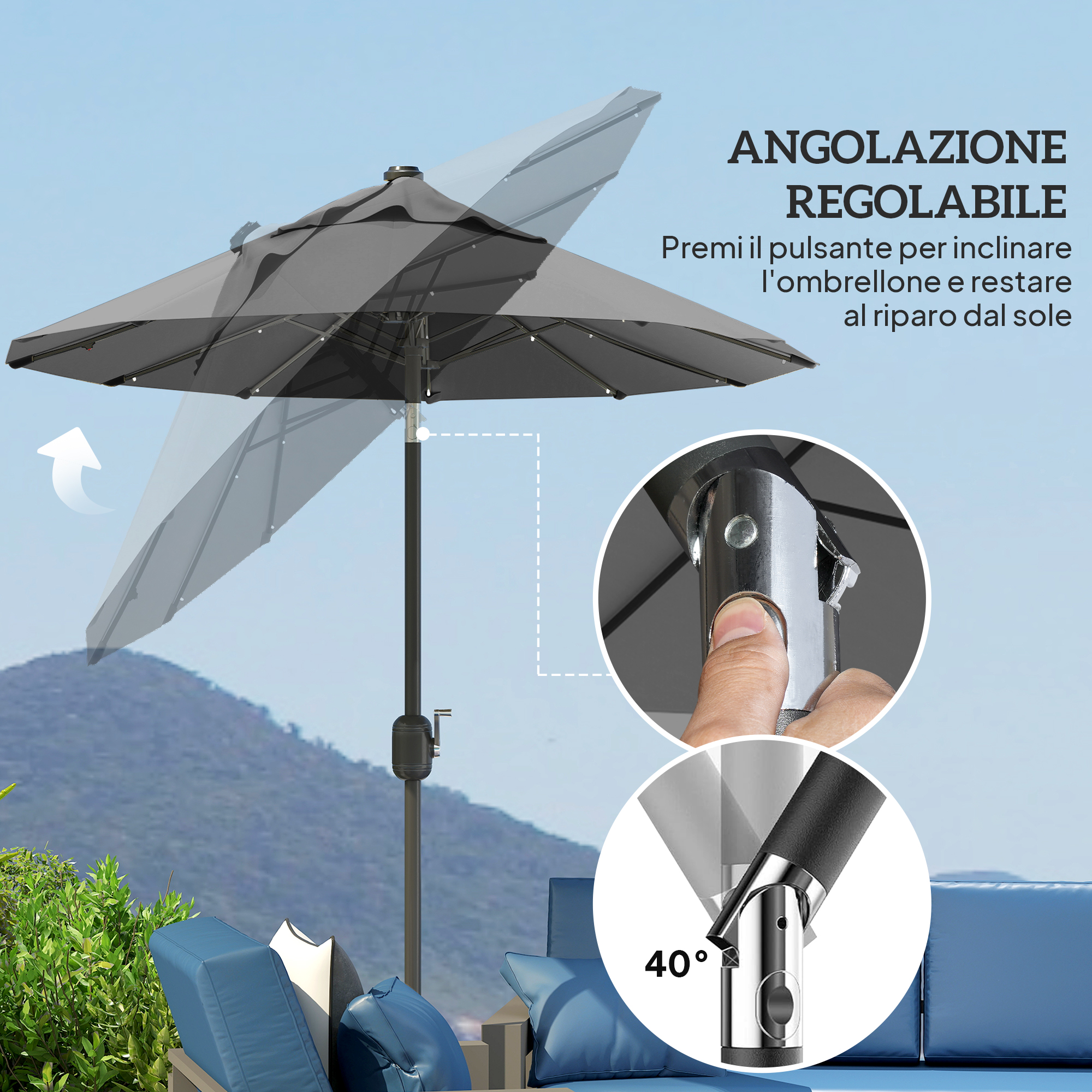 Ombrellone grigio con angolo regolabile, mostra meccanismo di inclinazione.
