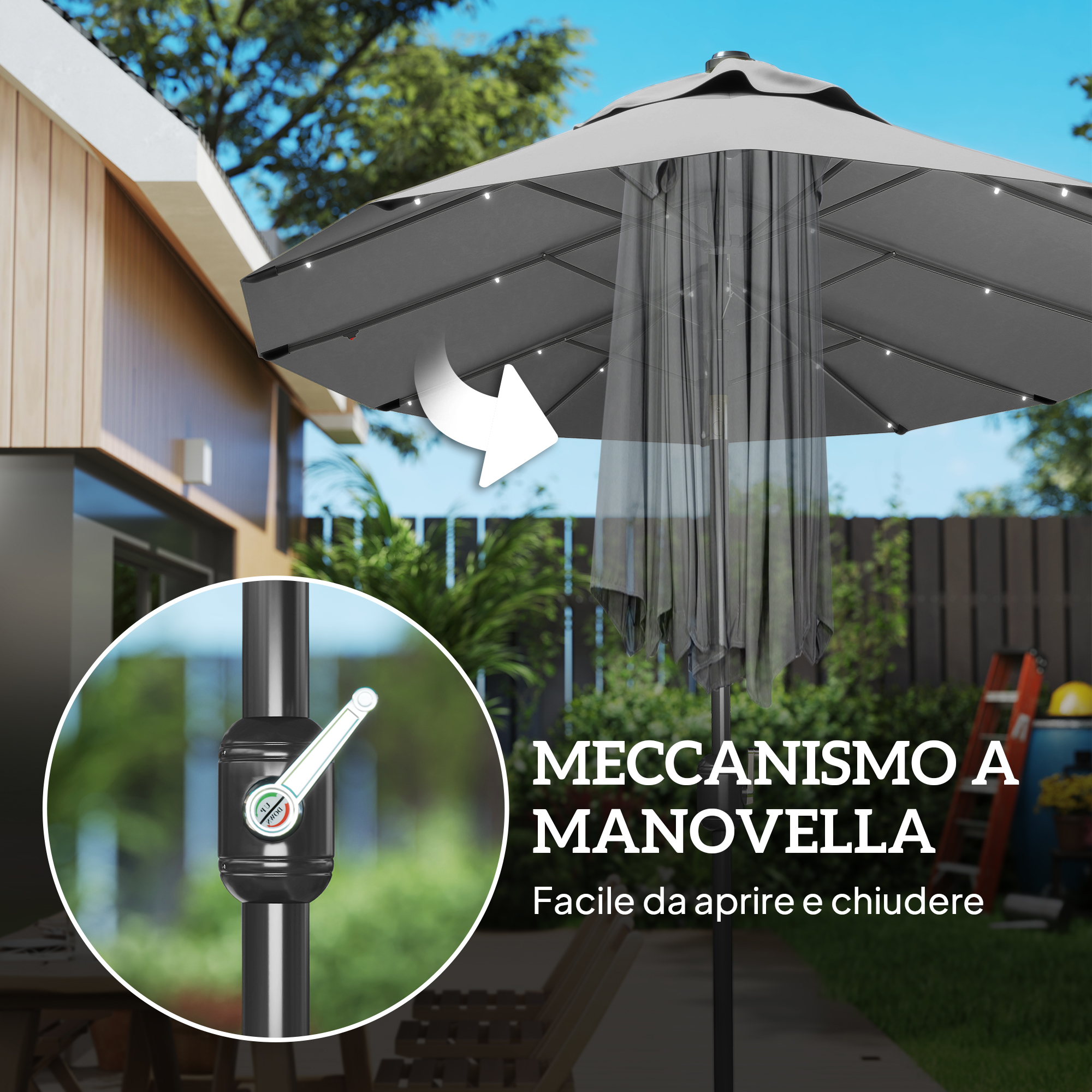 Ombrellone grigio con LED, meccanismo a manovella, primo piano della maniglia.