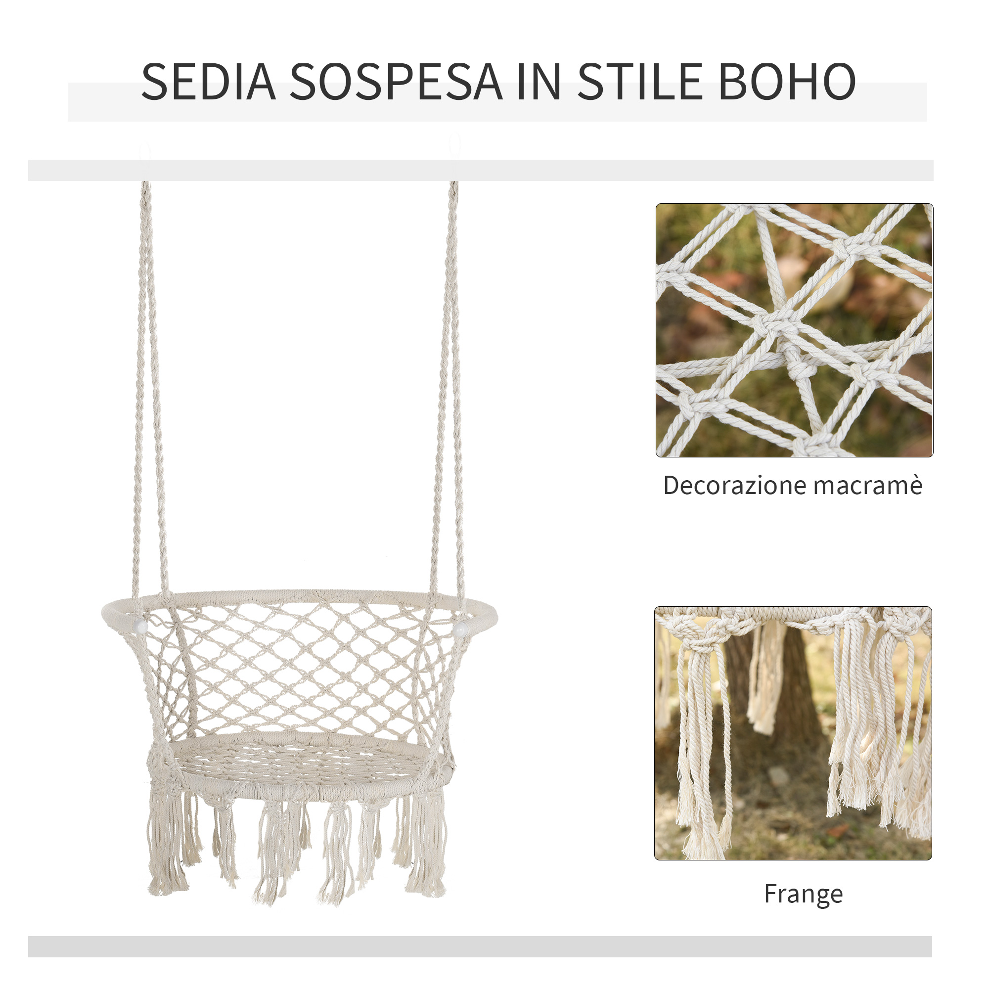 Una sedia sospesa in macramé bianca con frange, sospesa da corde.