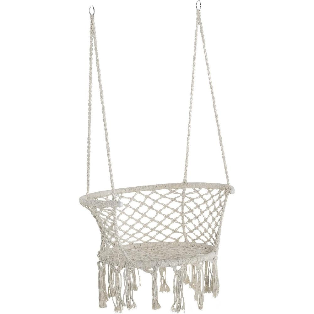 Una sedia sospesa in macramé bianca con frange, sospesa da corde.