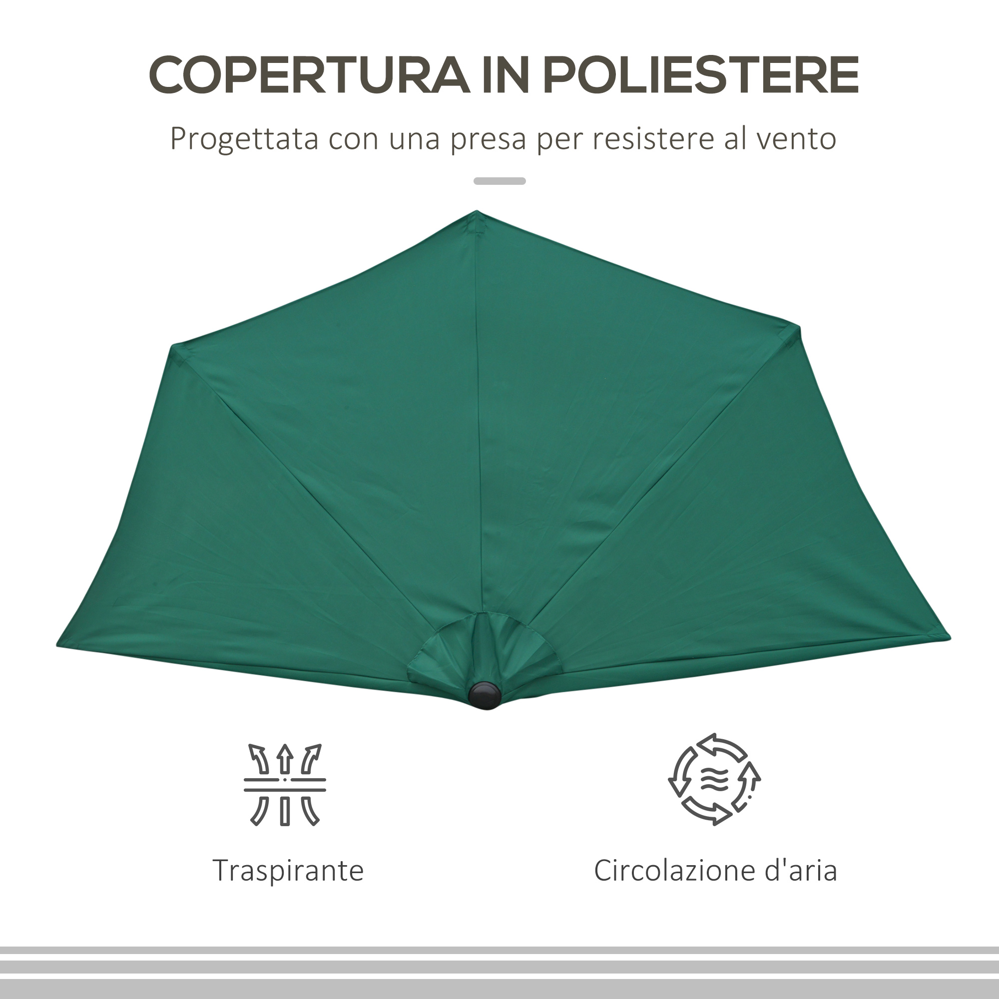 Copertura verde in poliestere per ombrellone con prese d'aria per traspirabilità e resistenza al vento.