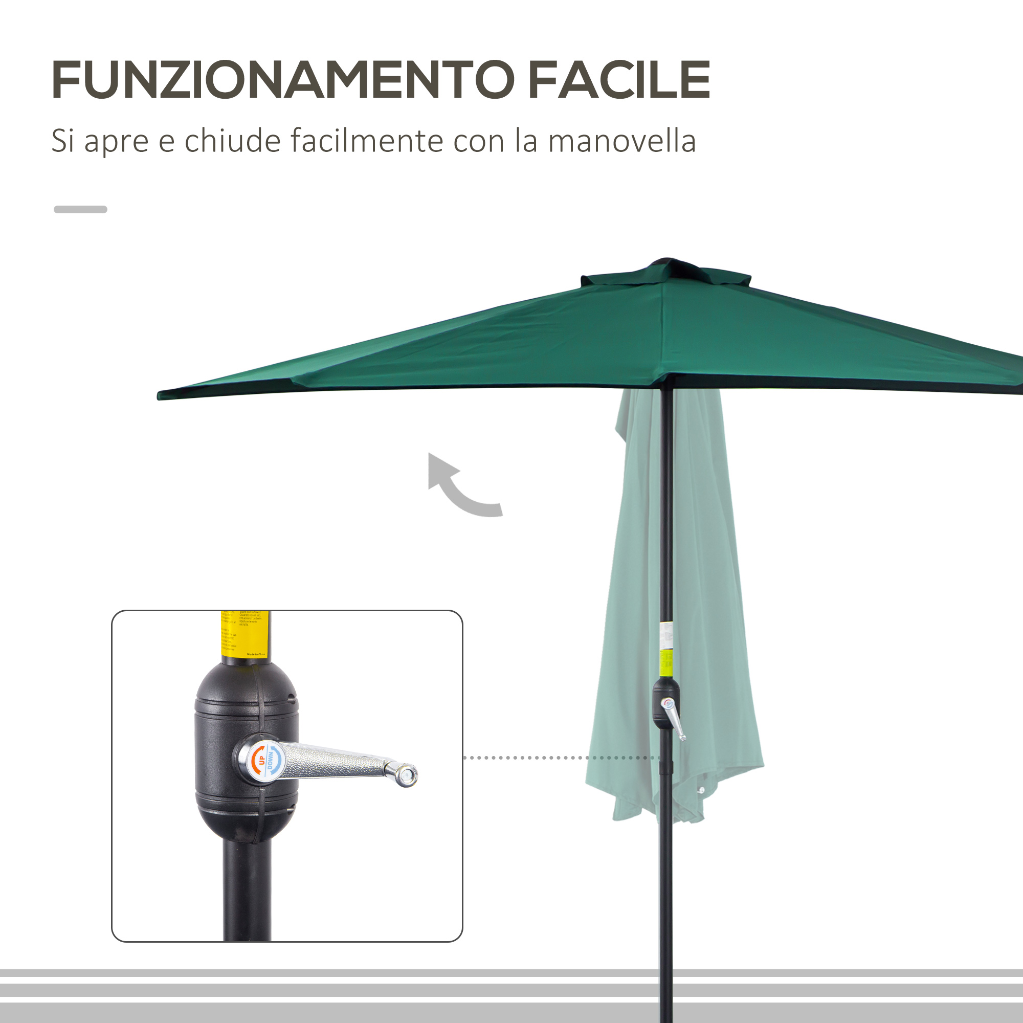 Ombrellone verde con meccanismo a manovella, primo piano della manovella.