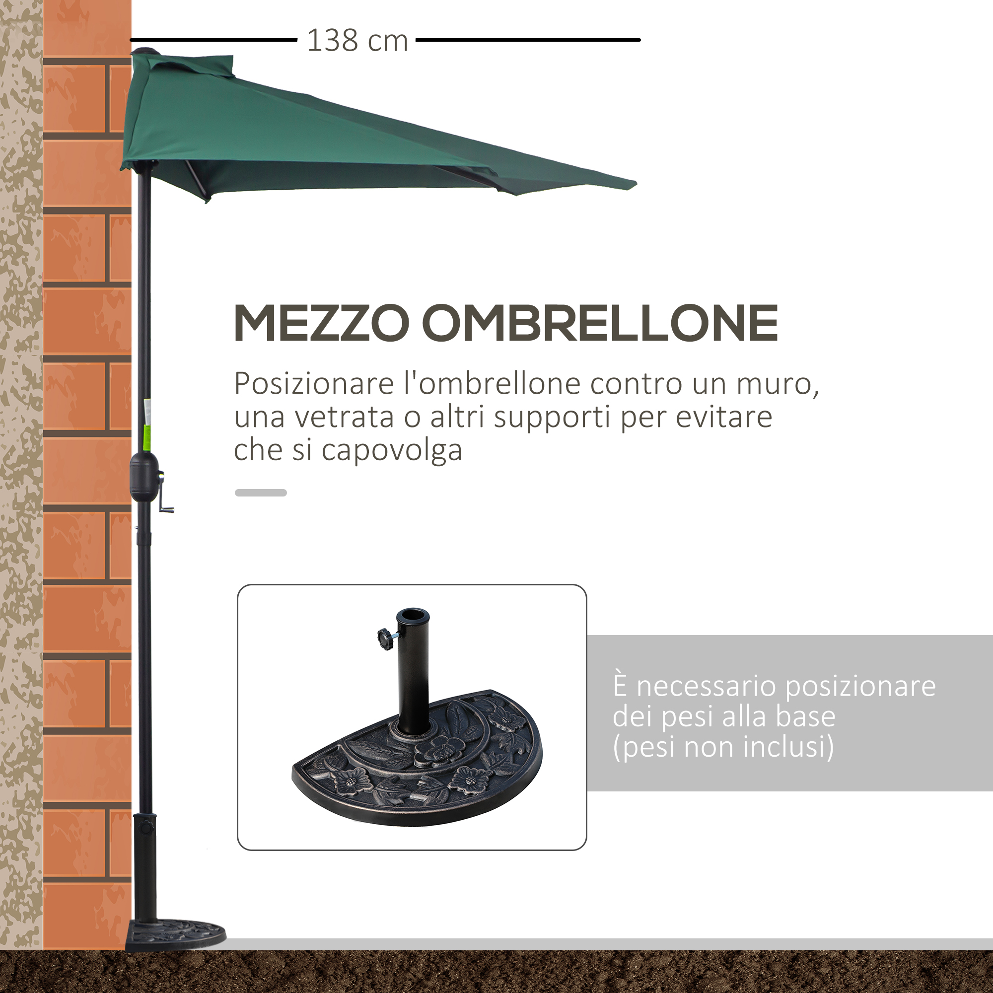 Un mezzo ombrellone verde, 138 cm, appoggiato a un muro.