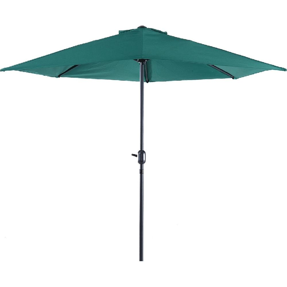 Un ombrellone verde con asta nera, isolato su bianco.