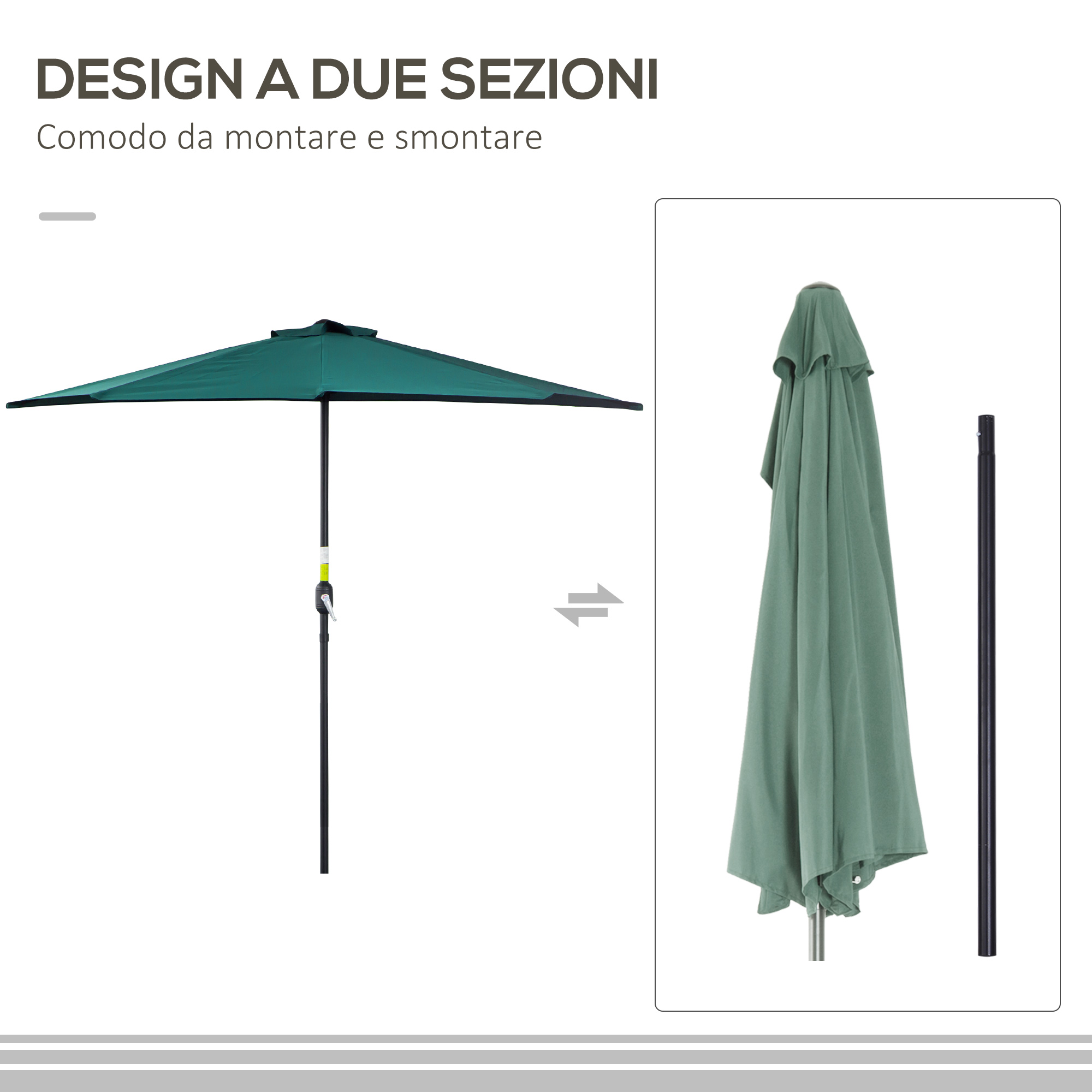 Un ombrellone verde, aperto e piegato, con pali.