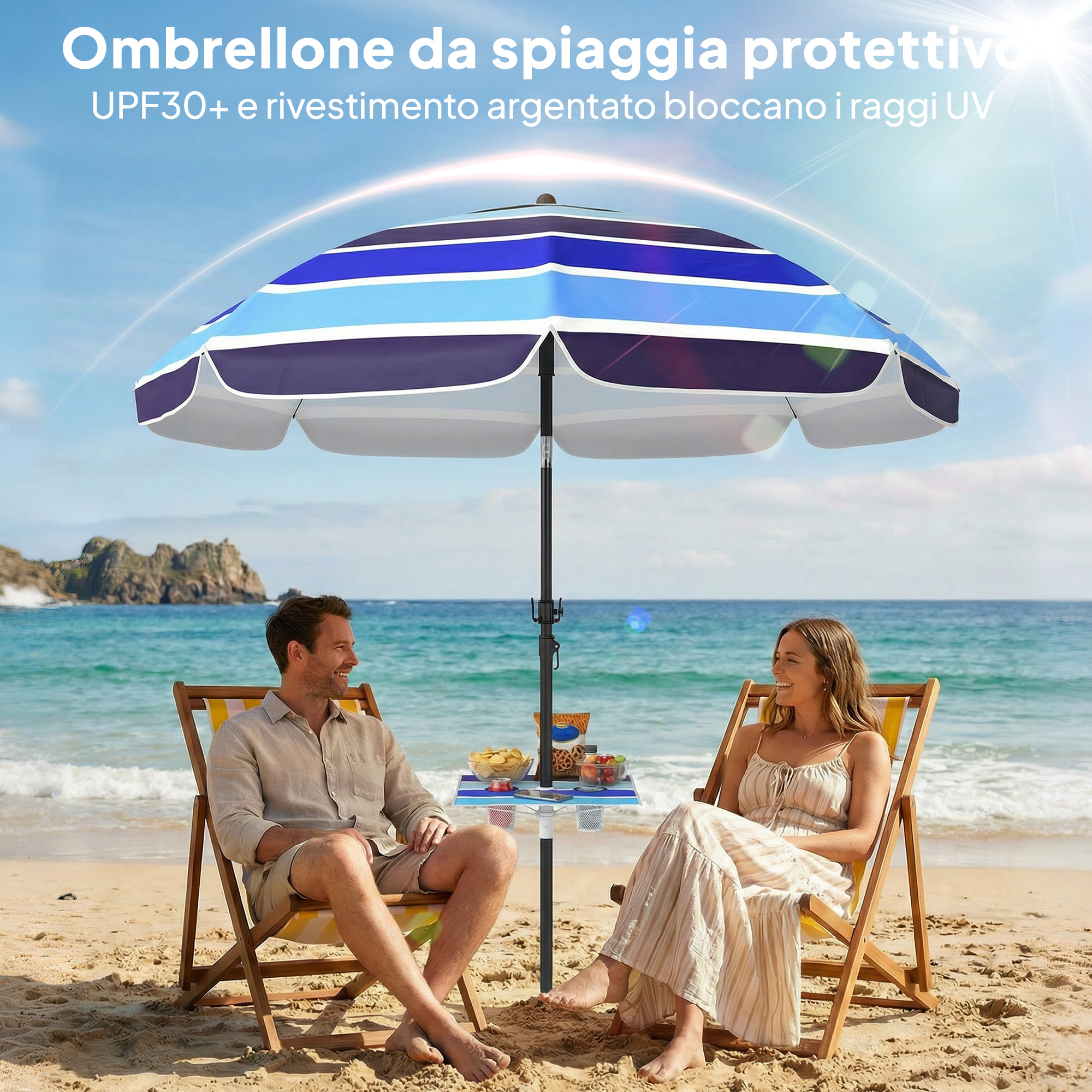 Una coppia seduta su sedie da spiaggia sotto un ombrellone a righe con tavolino.