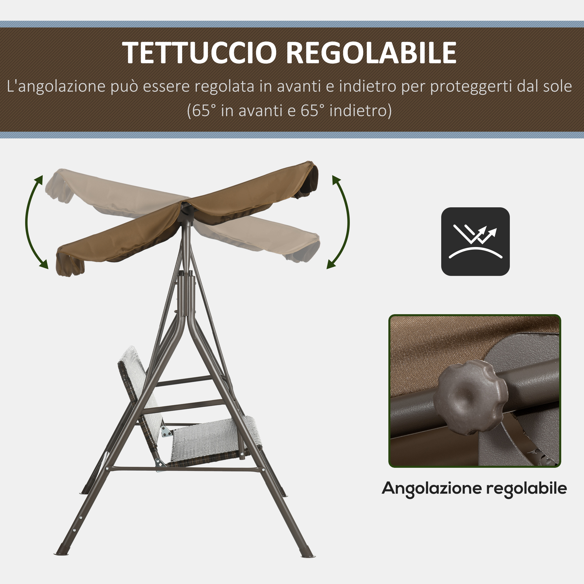 Tettuccio marrone regolabile su altalena da giardino, mostra regolazione angolo.