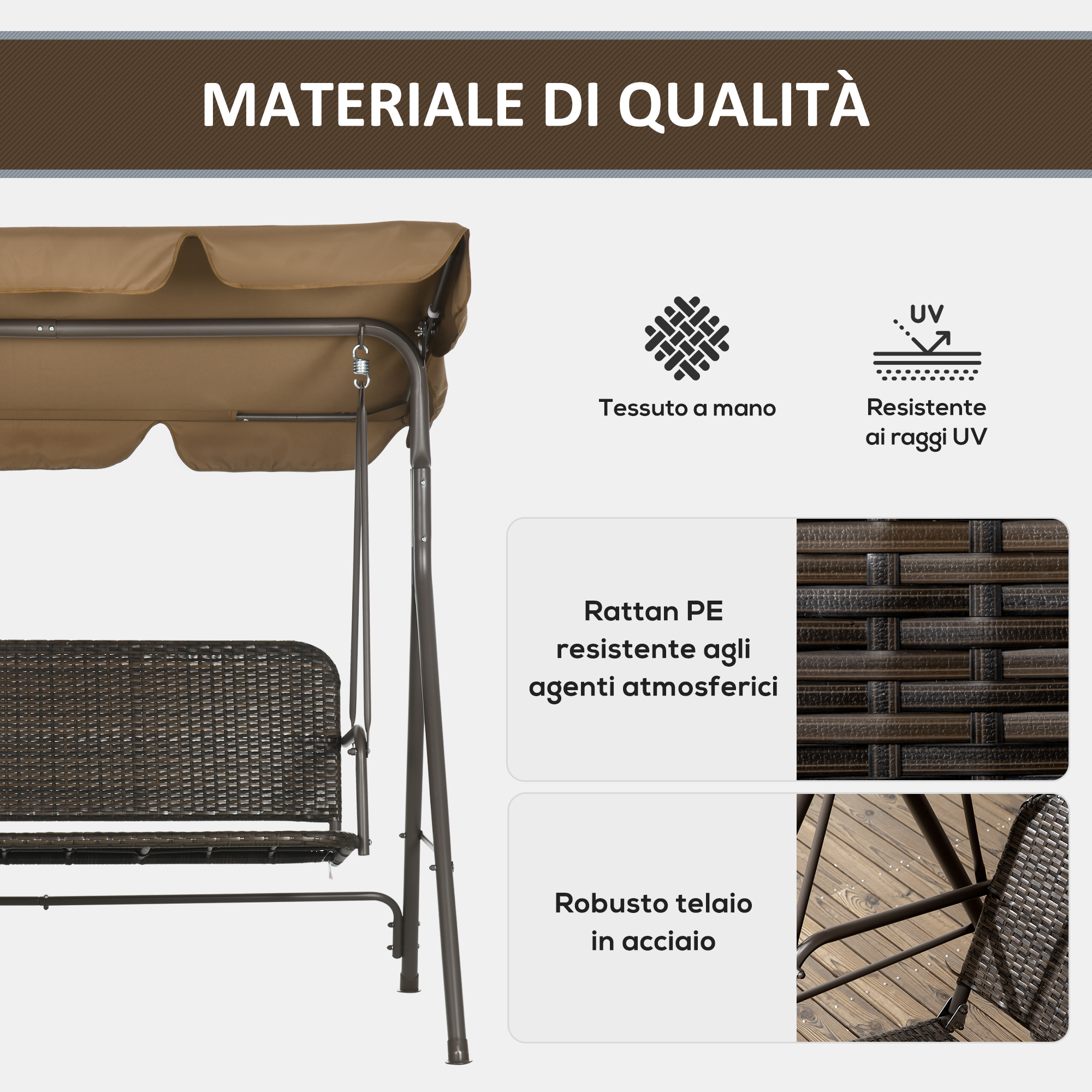 Sedile in rattan marrone e tettuccio marrone su telaio metallico.