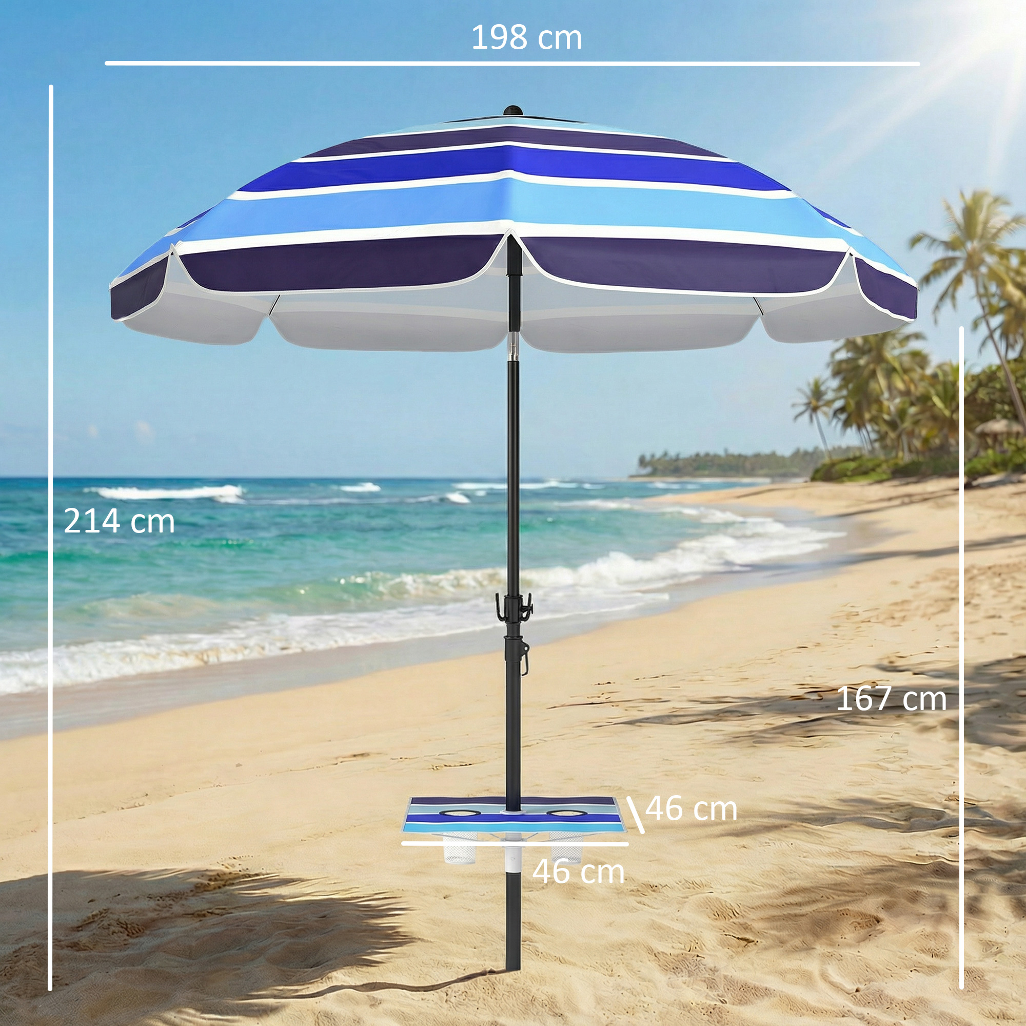 Un ombrellone a righe con tavolo si erge sulla spiaggia.