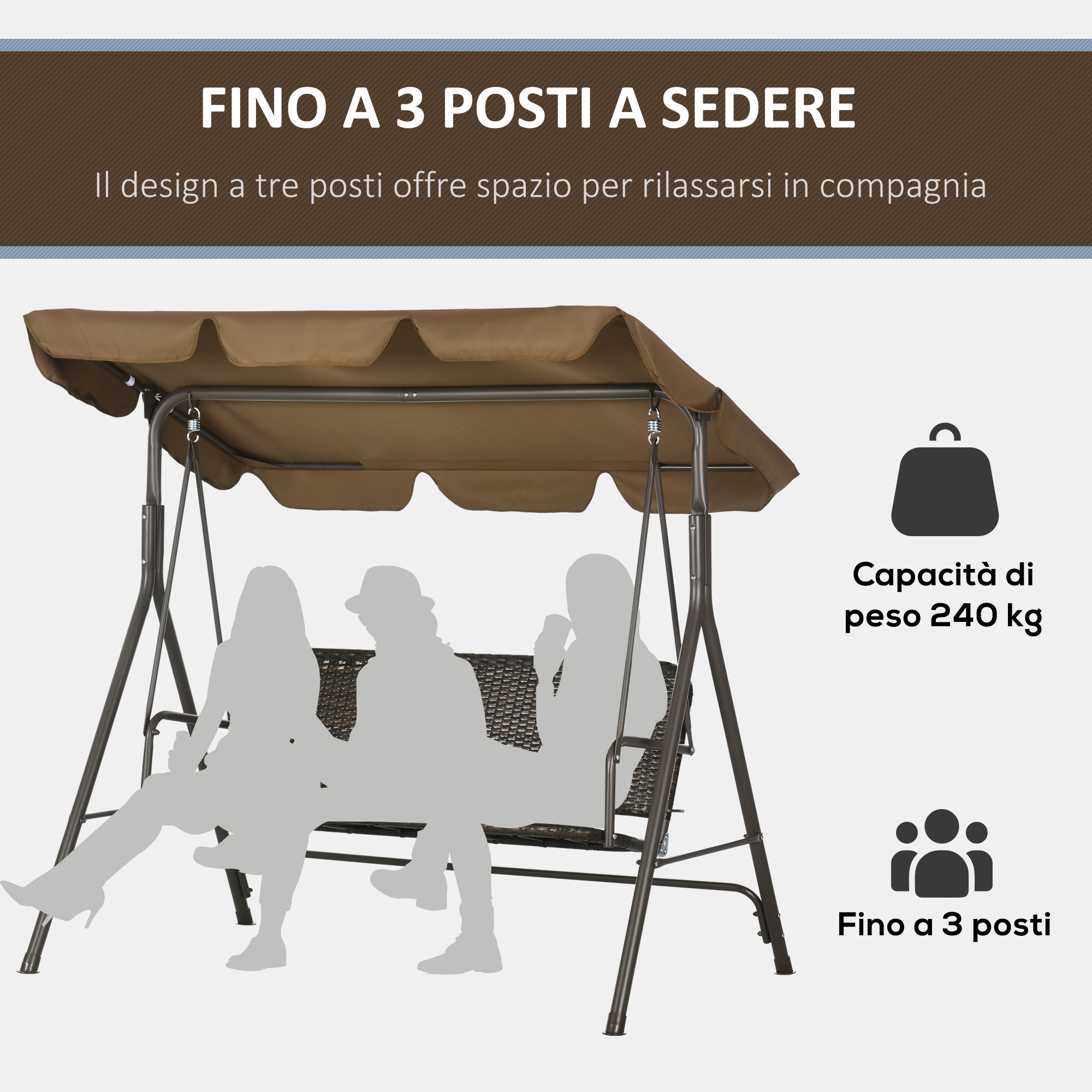 Sedile altalena marrone per tre persone con due sagome e tenda.