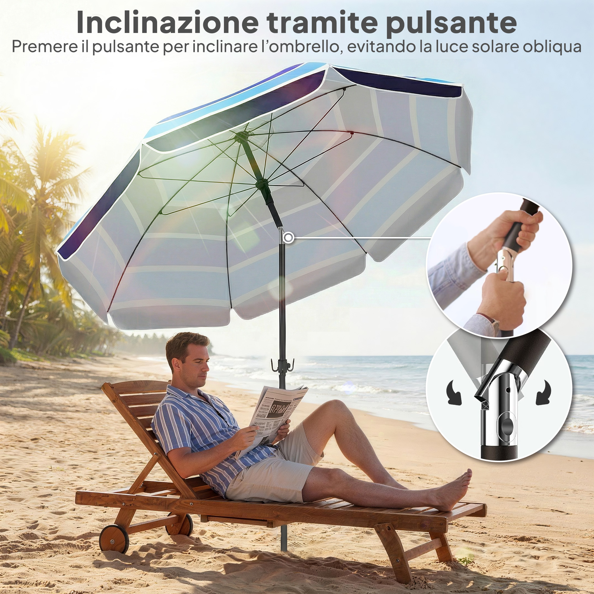Un uomo è sdraiato su una sdraio in spiaggia sotto un ombrellone a righe.