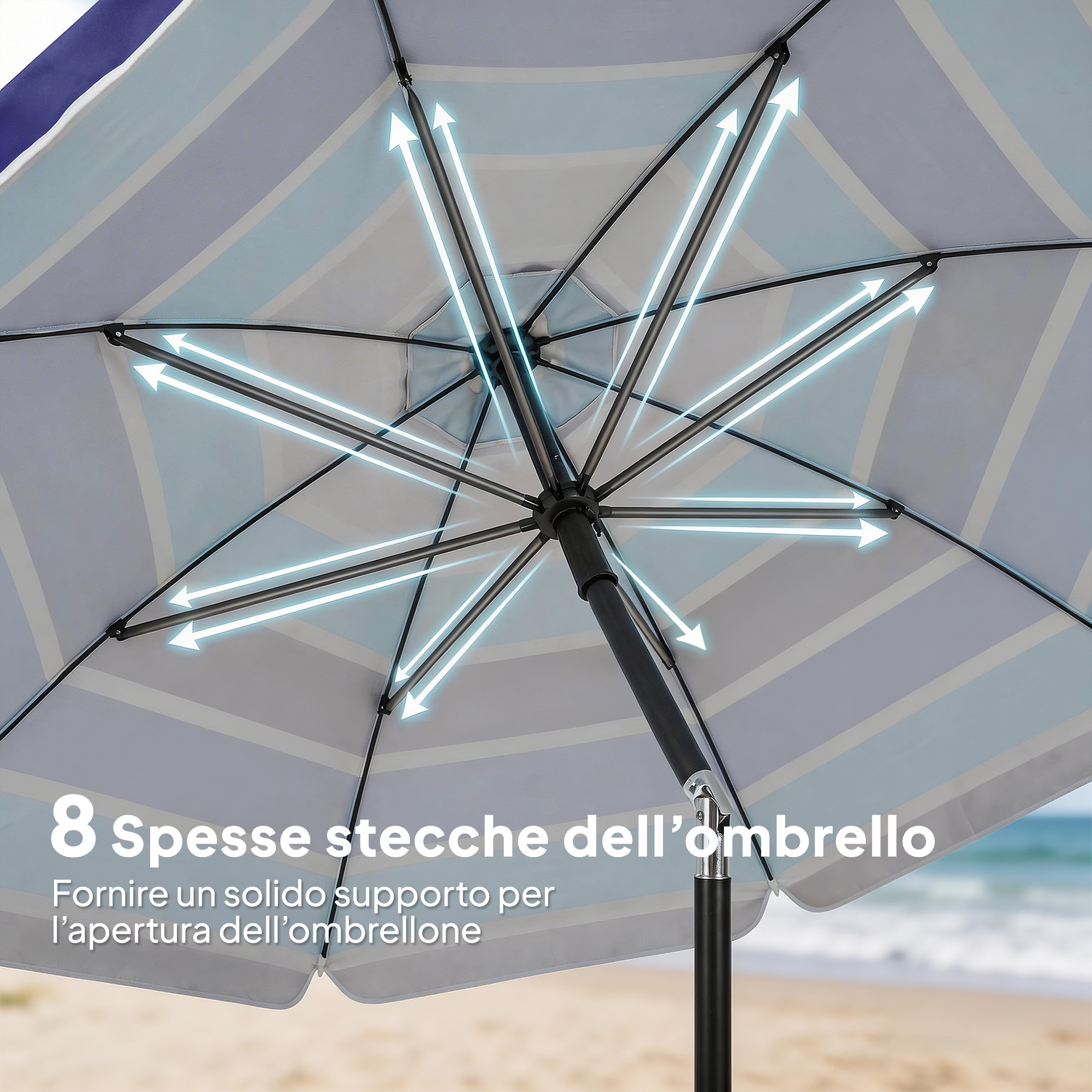Un ombrellone a righe con otto stecche visto dal basso.