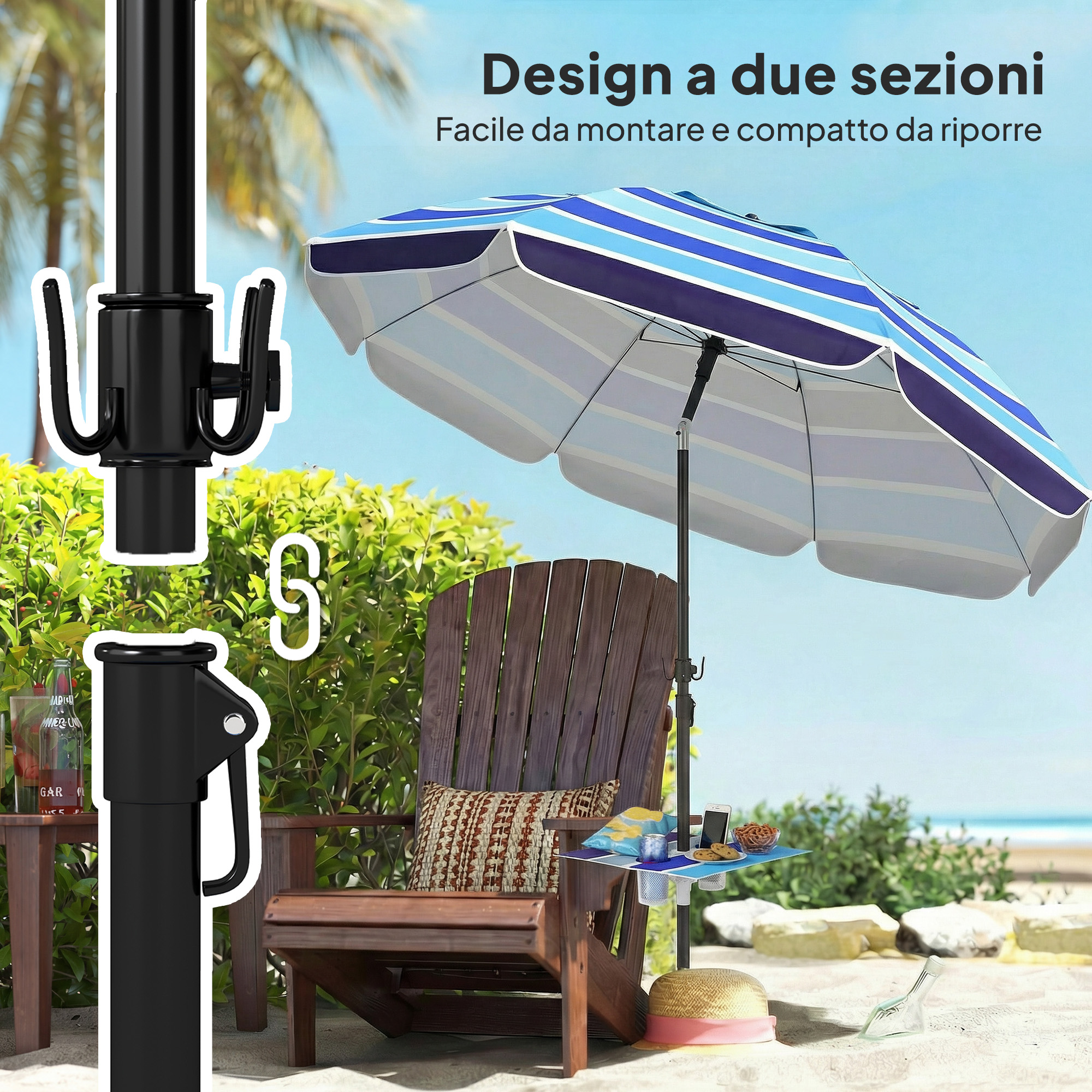 Sedia da spiaggia con ombrellone a righe, tavolino, cappello e bottiglia.