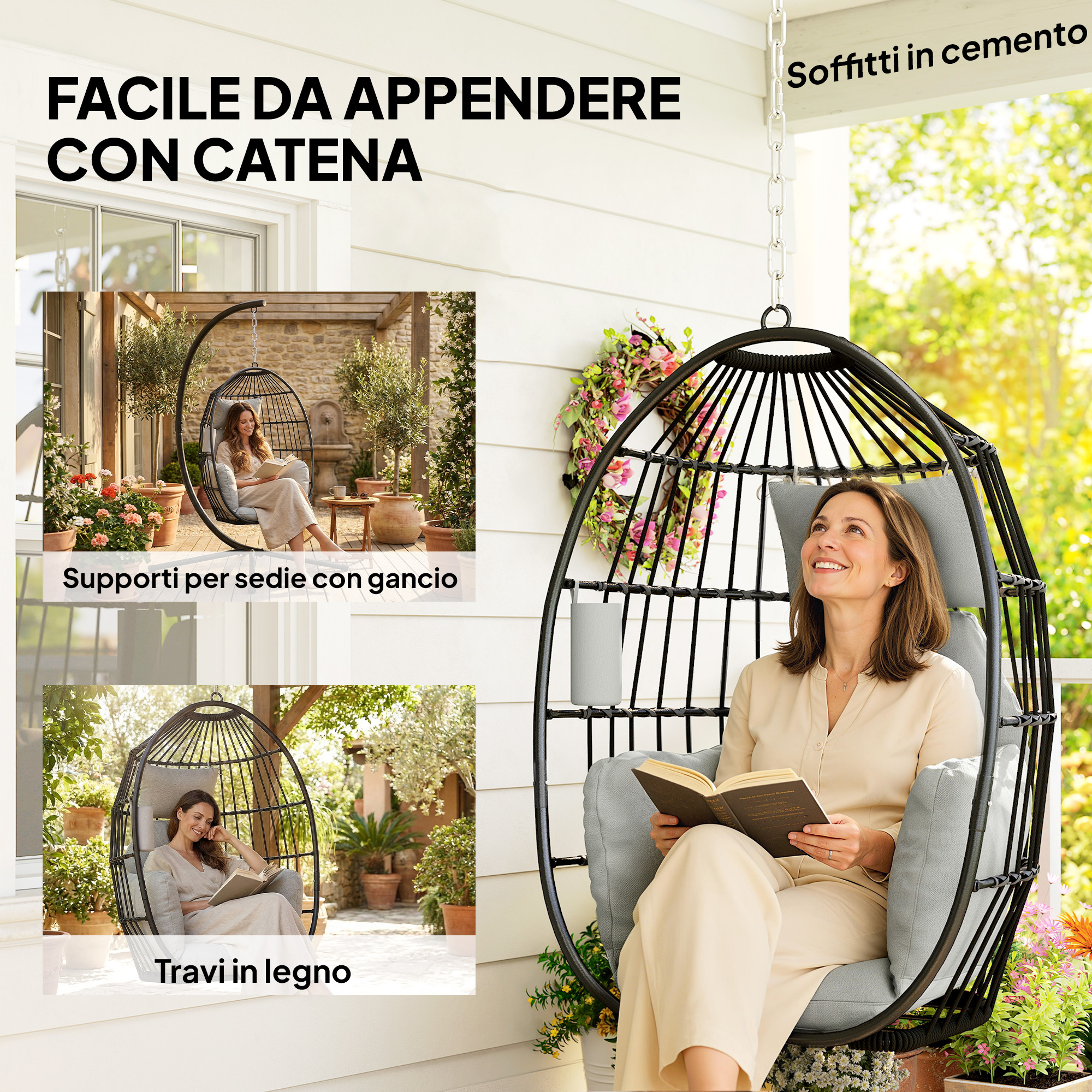 Donna legge libro su sedia sospesa in veranda con fiori.