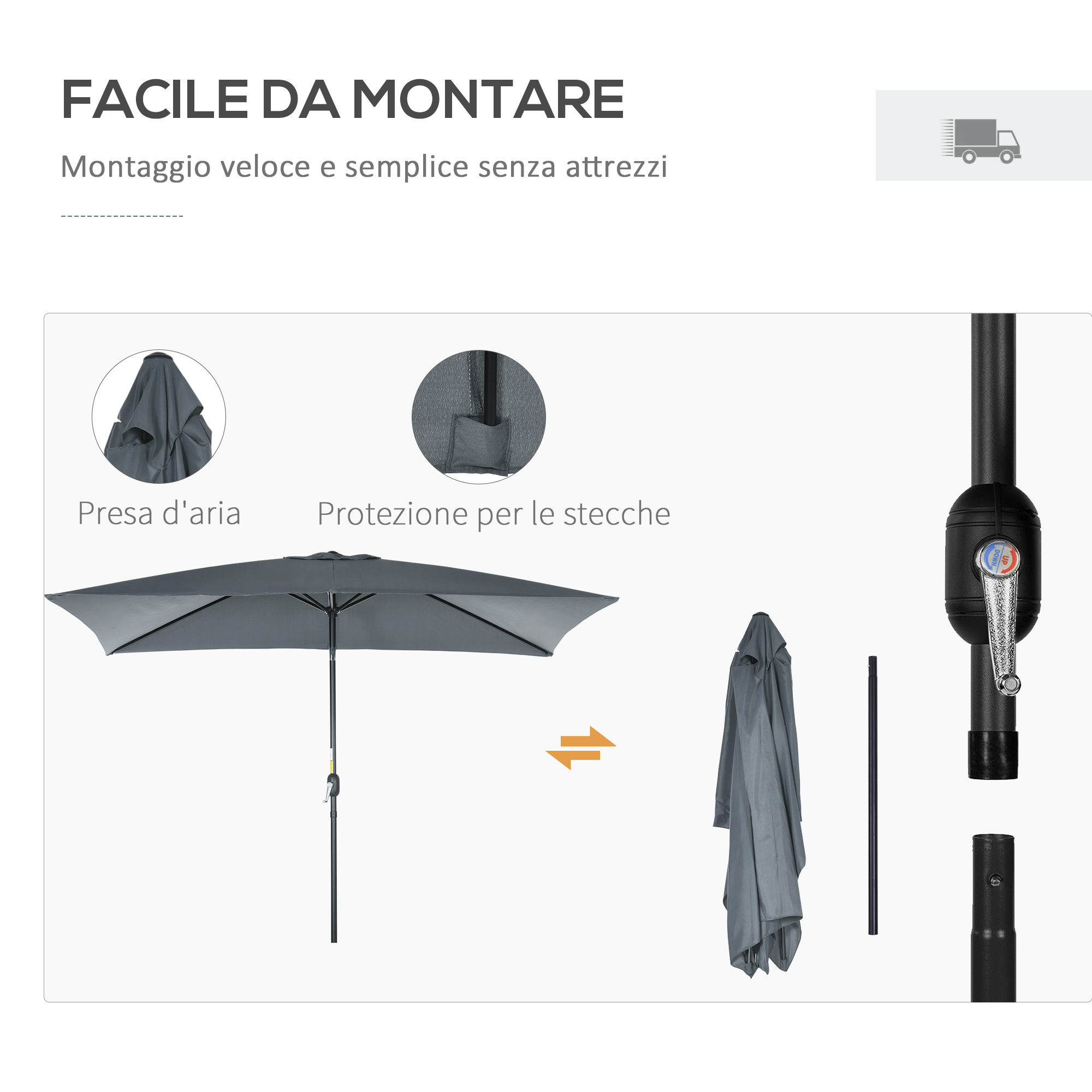 Un ombrellone grigio, parzialmente aperto, con dettagli e componenti di montaggio.