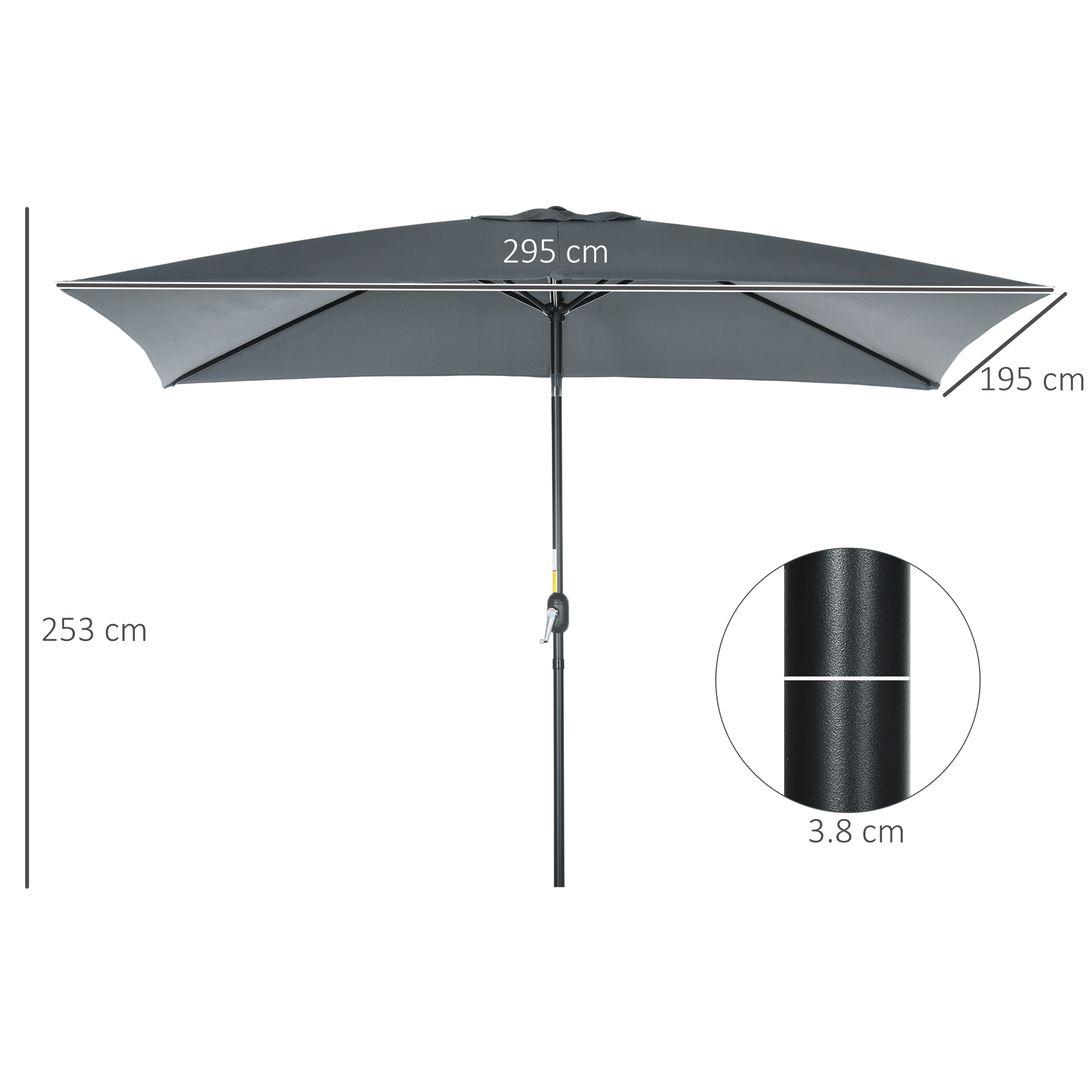 Un ombrellone rettangolare grigio è mostrato con dimensioni: 295cm larghezza, 195cm profondità, 253cm altezza.