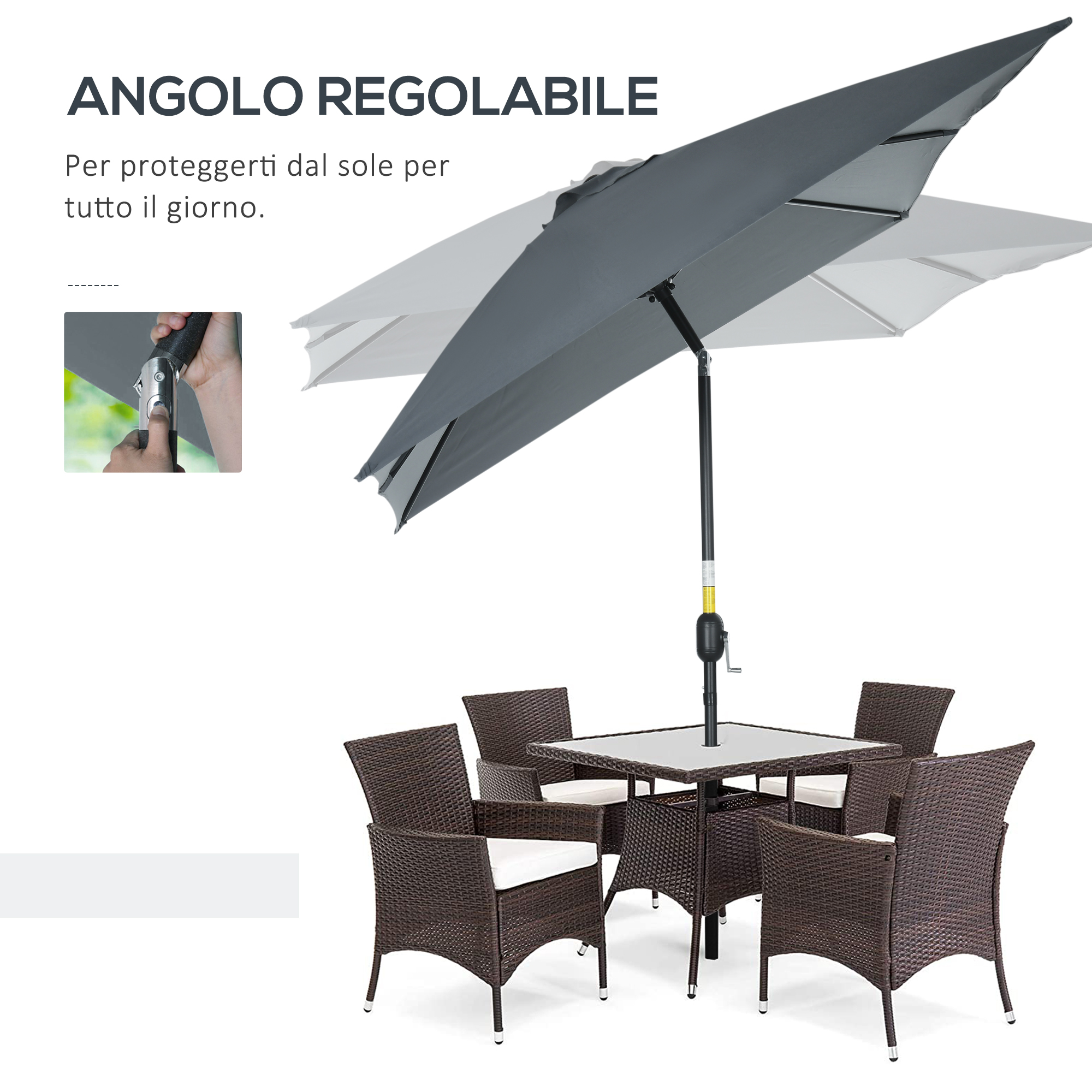 Un set da pranzo da esterno con sedie in rattan marrone e tavolo in vetro.