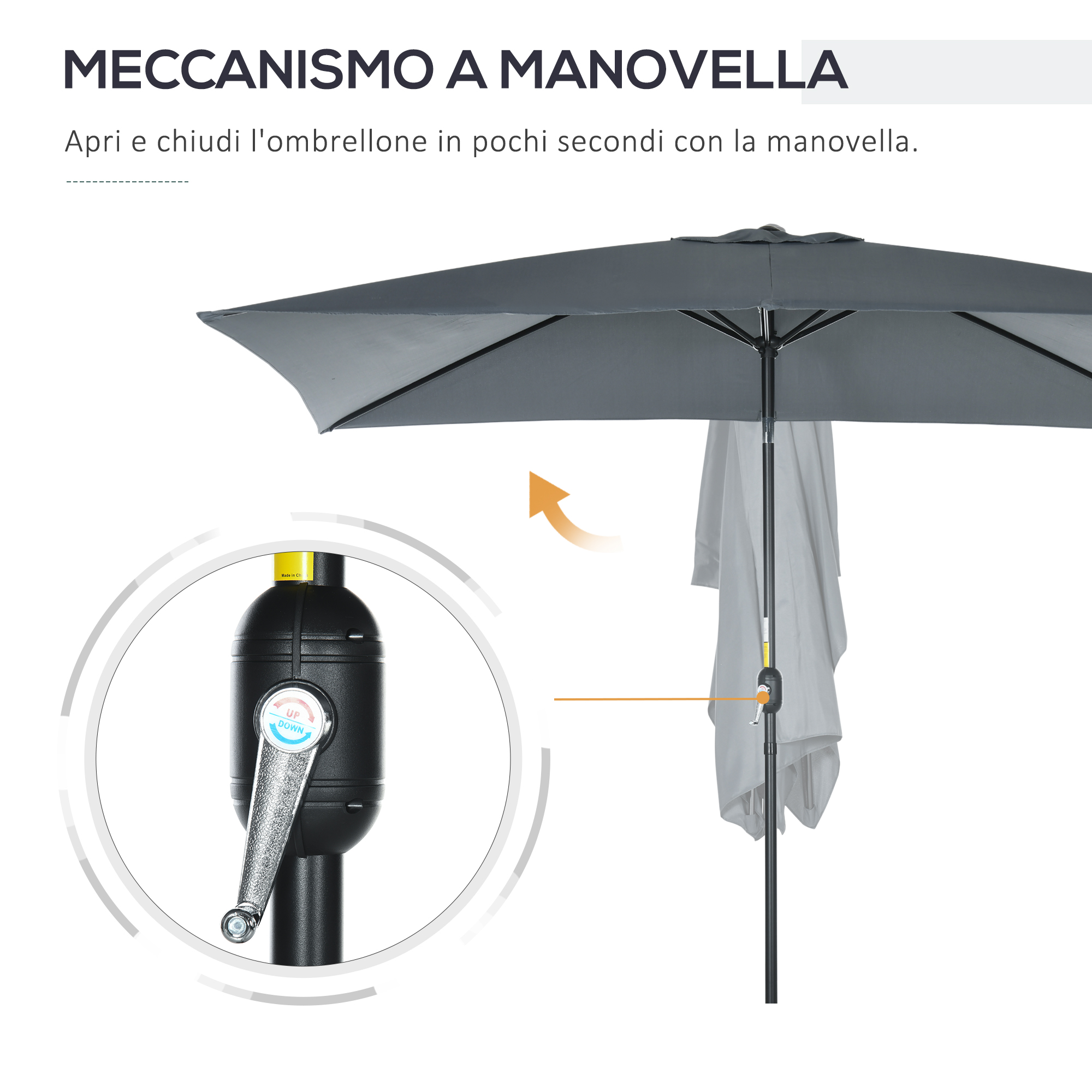 Ombrellone grigio con meccanismo a manovella e indicatore su/giù.
