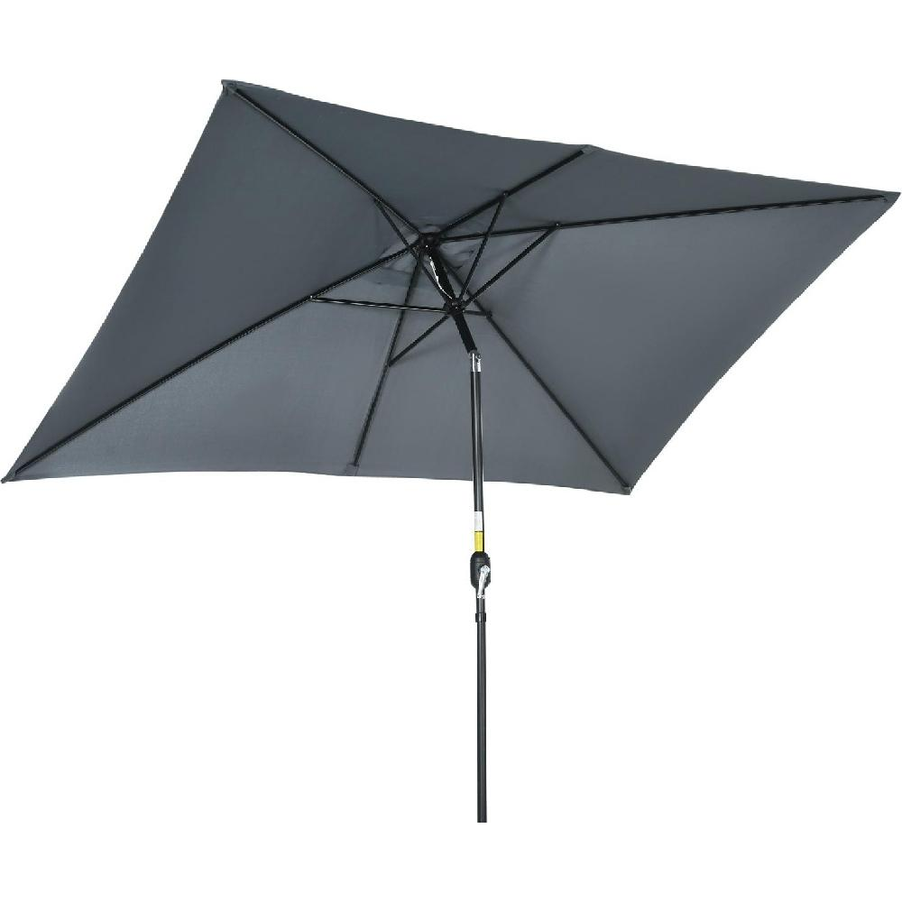 Un ombrellone rettangolare grigio con telaio nero, su sfondo bianco.