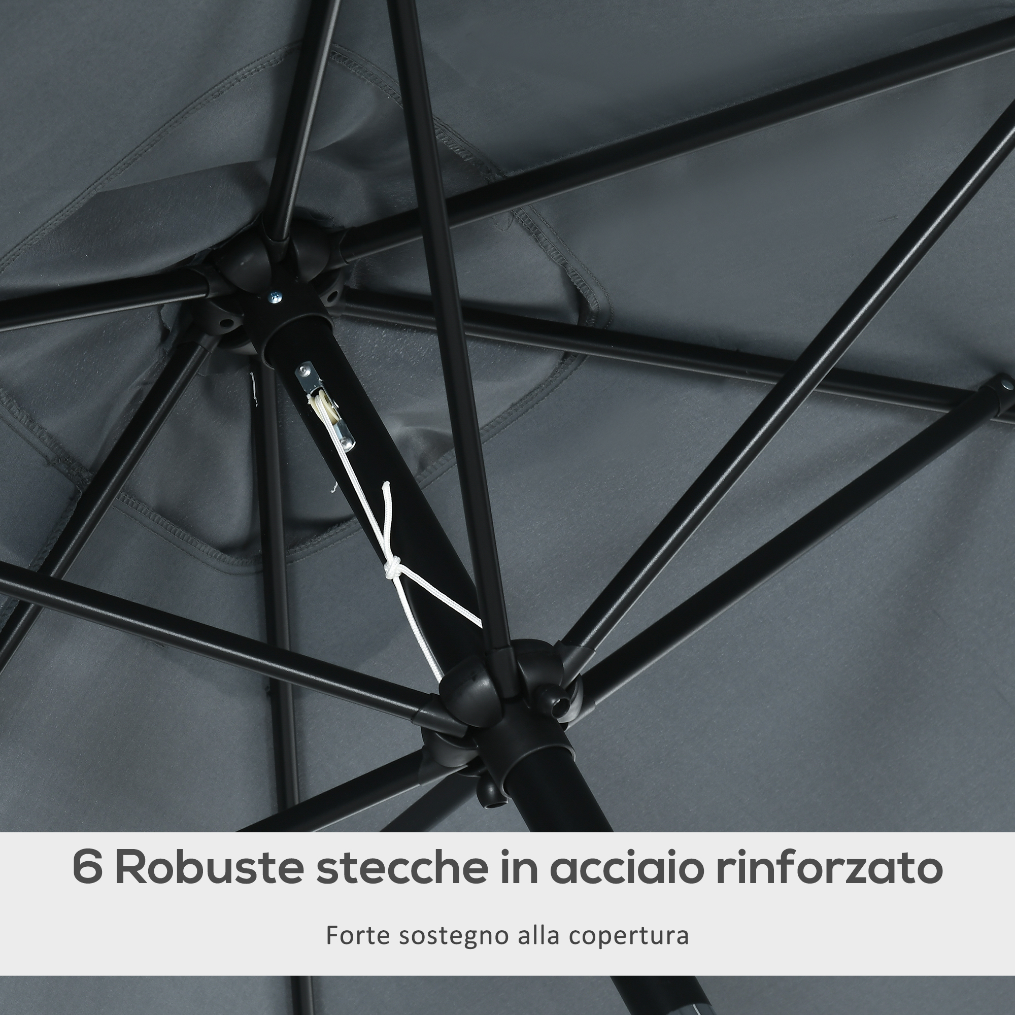 L'interno di un ombrellone grigio con stecche metalliche nere e un meccanismo a fune.