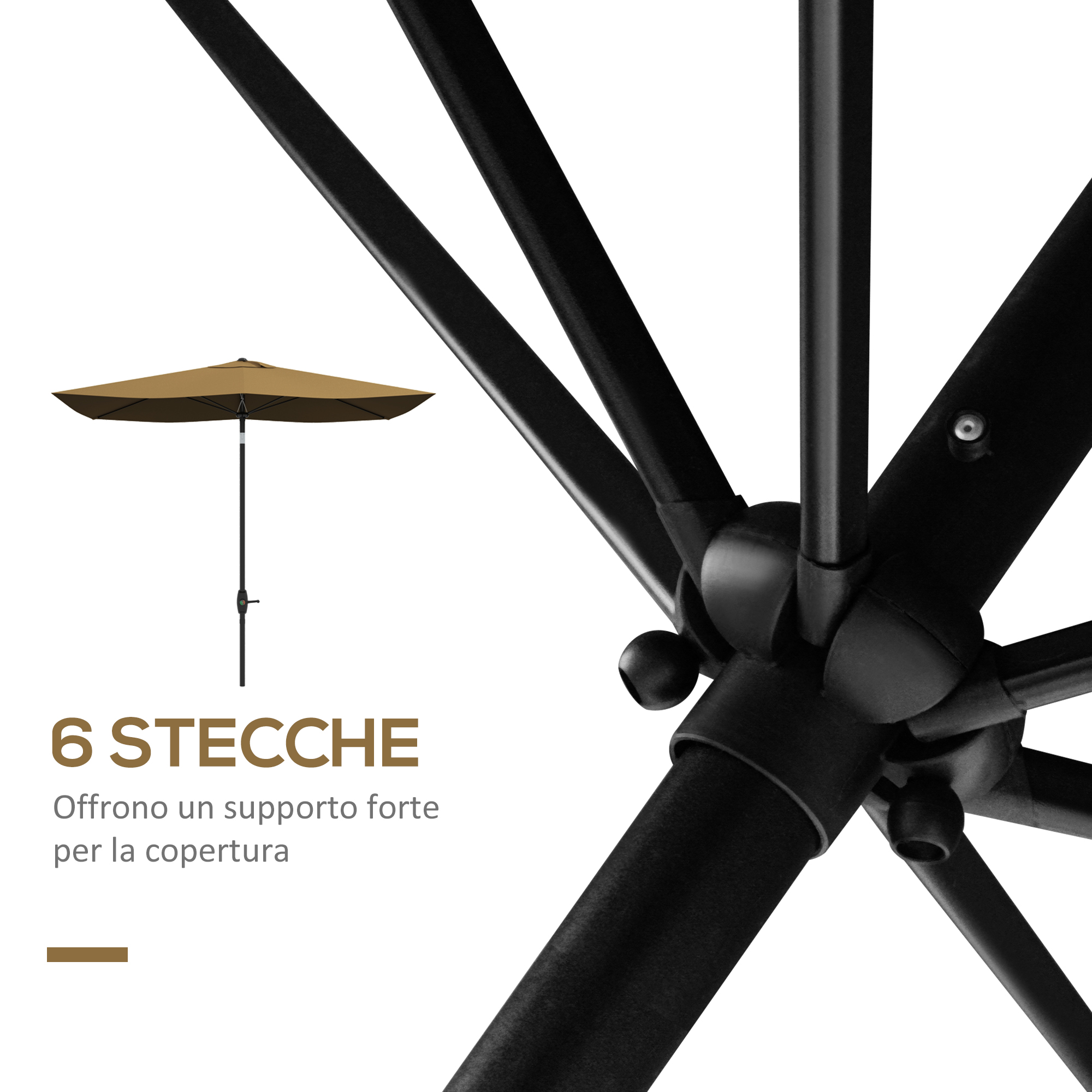 Ombrellone marrone con telaio nero, primo piano del telaio.