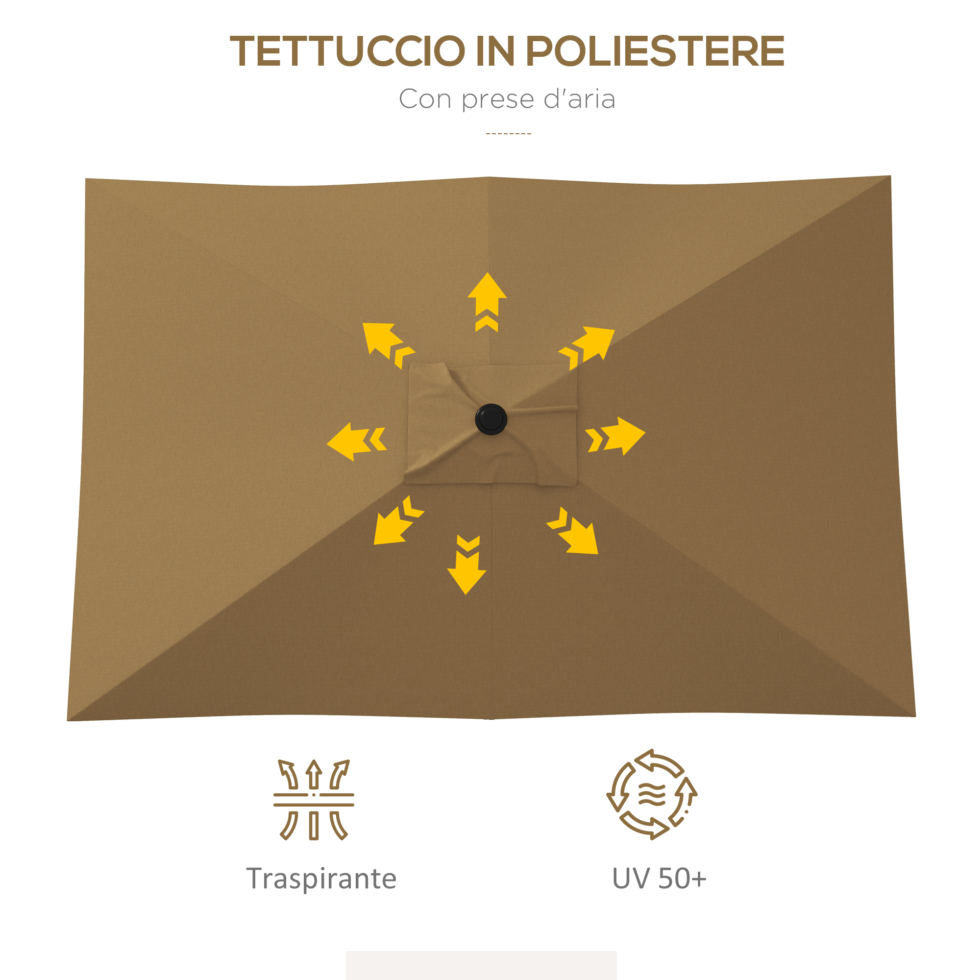 Tettoia marrone per ombrellone con frecce gialle che indicano la circolazione dell'aria.