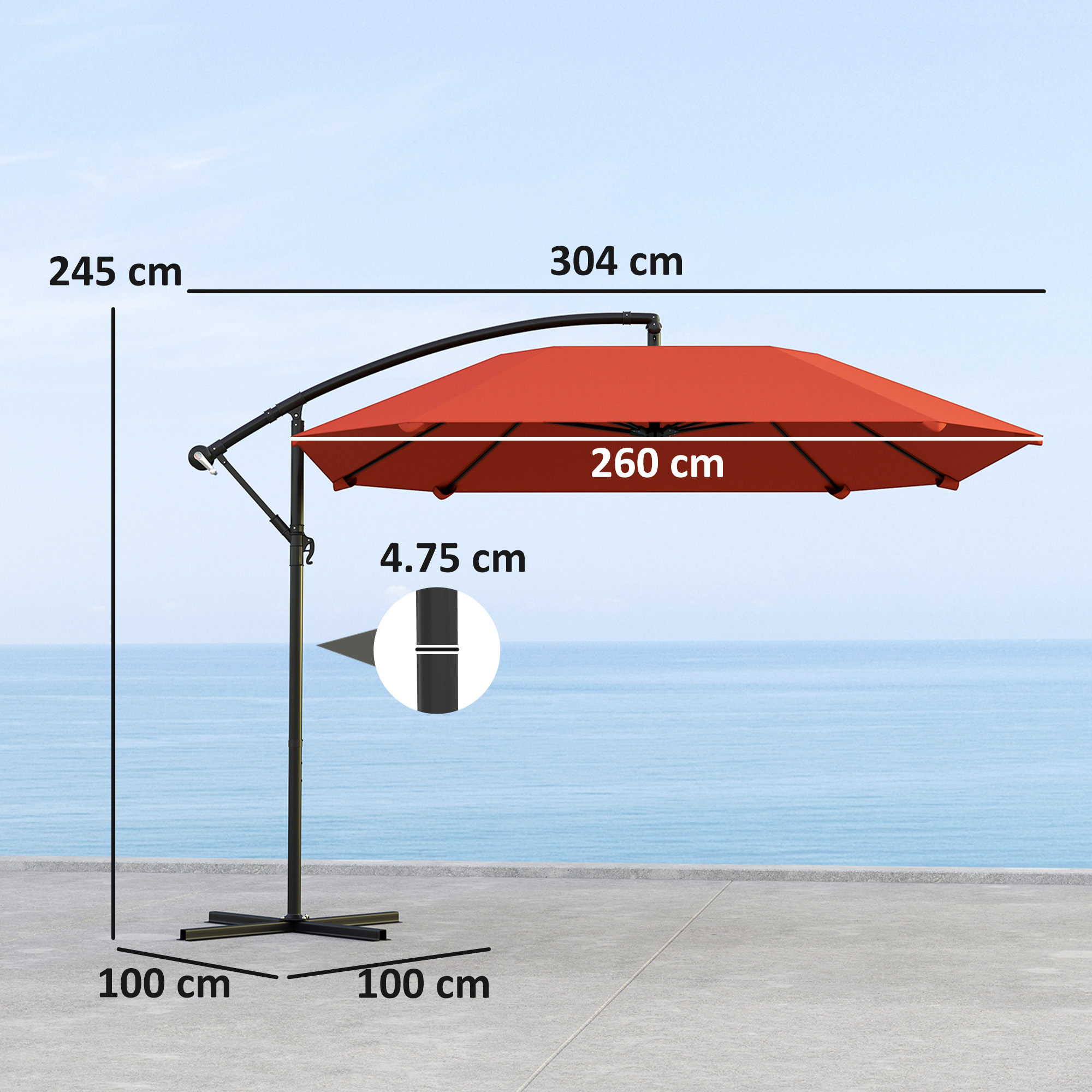 Ombrellone a sbalzo arancione, largo 304cm, alto 245cm, con base. Sfondo marino.
