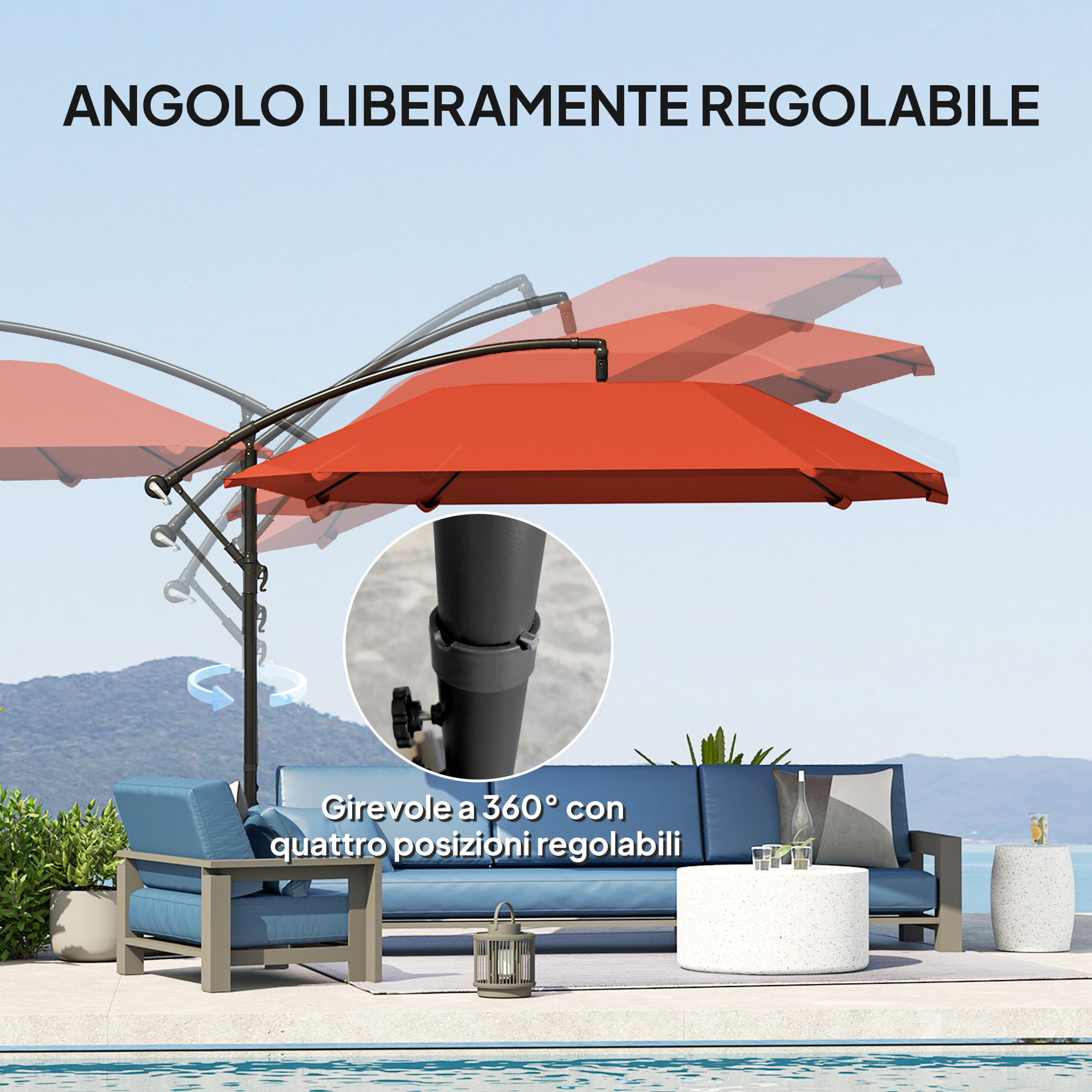 Un ombrellone da esterno arancione con posizioni regolabili su un divano vicino a una piscina.