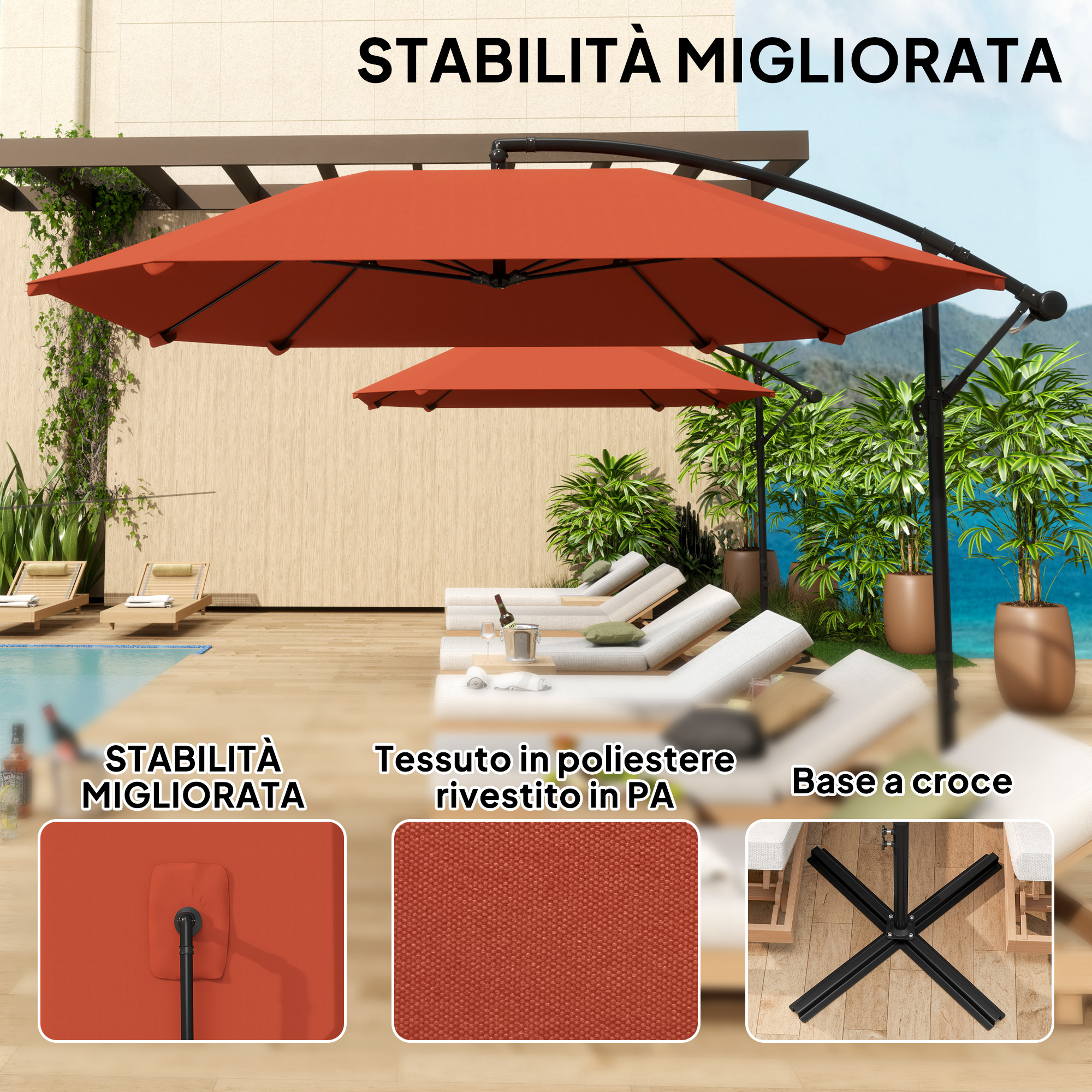 Ombrellone rosso su piscina, lettini e piante.