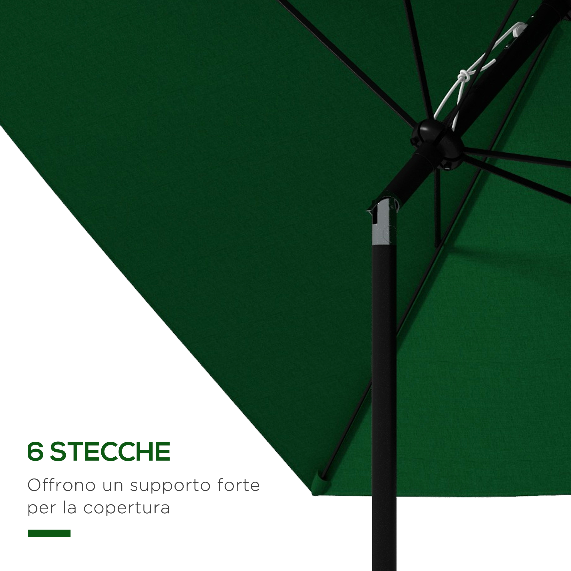 Ombrellone verde scuro con struttura nera e 6 stecche.
