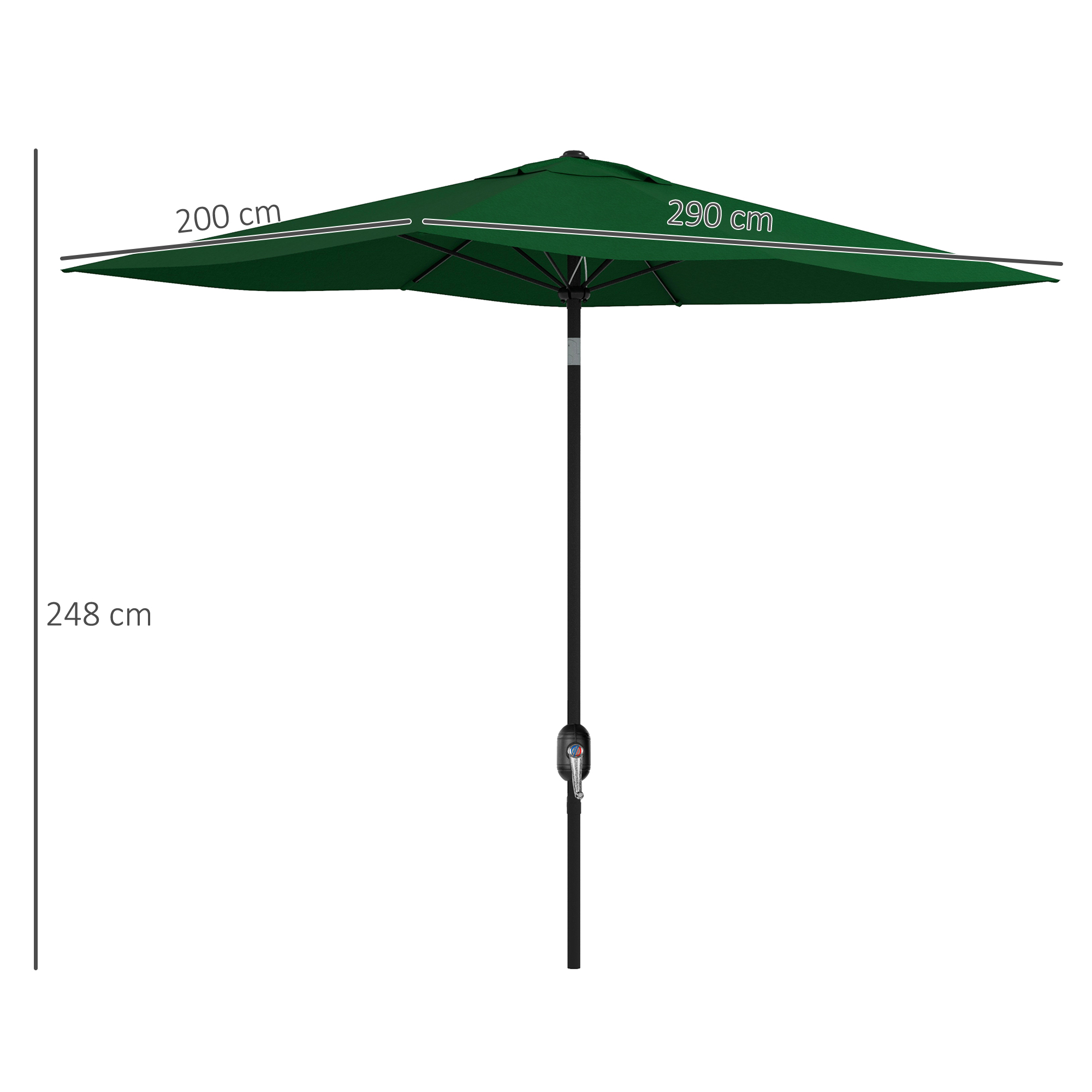 Un ombrellone verde con dimensioni 200 cm e 290 cm, altezza 248 cm.