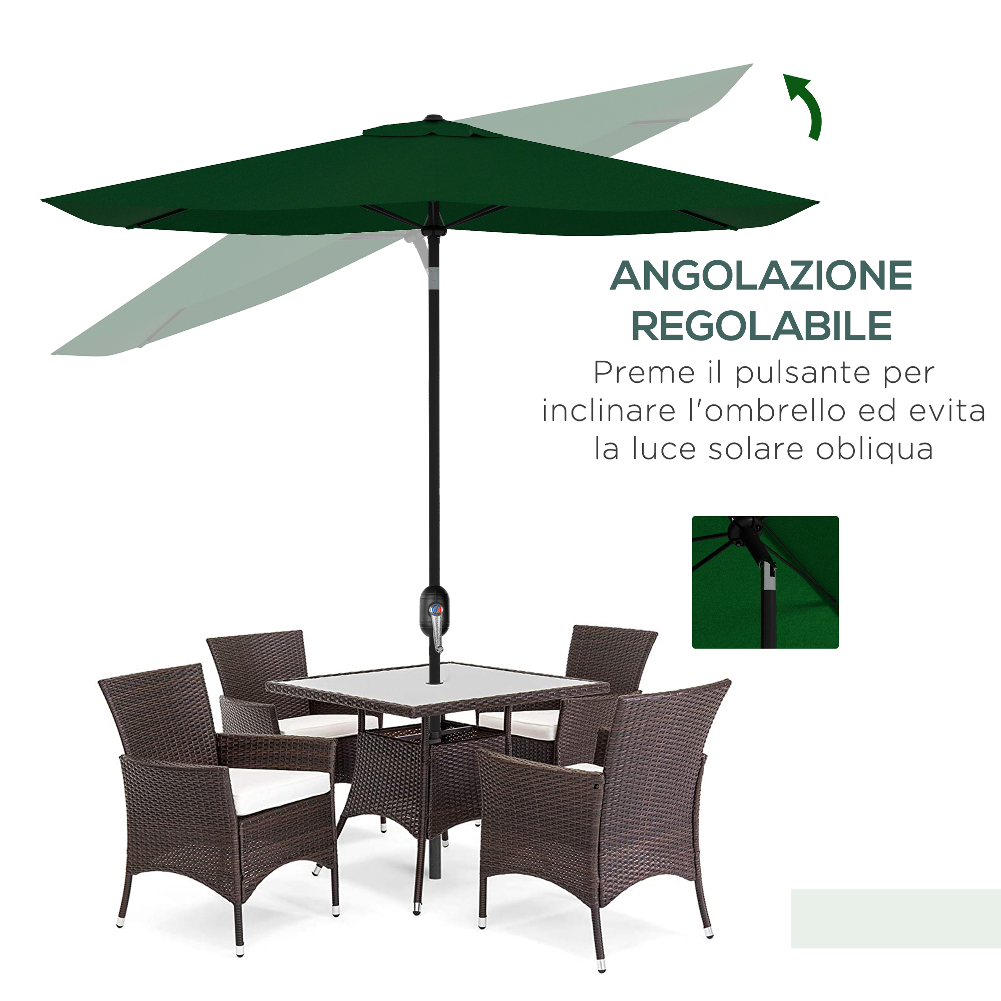 Un ombrellone da esterno verde scuro su un tavolo con quattro sedie in rattan.
