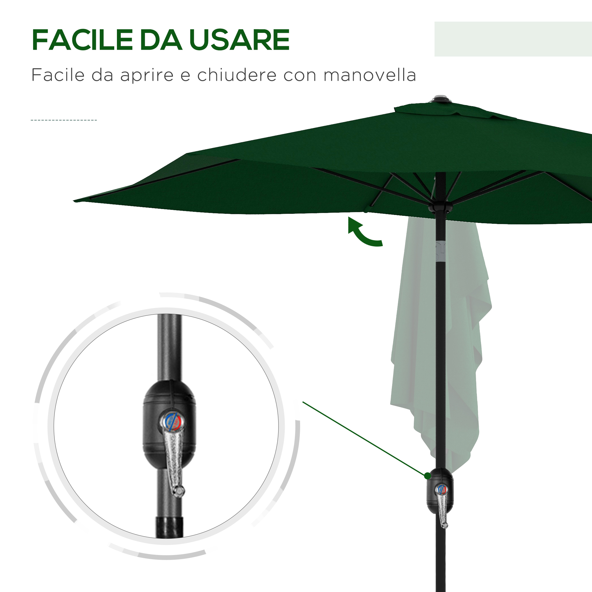 Ombrellone verde scuro con meccanismo a manovella, vista dettagliata della maniglia.