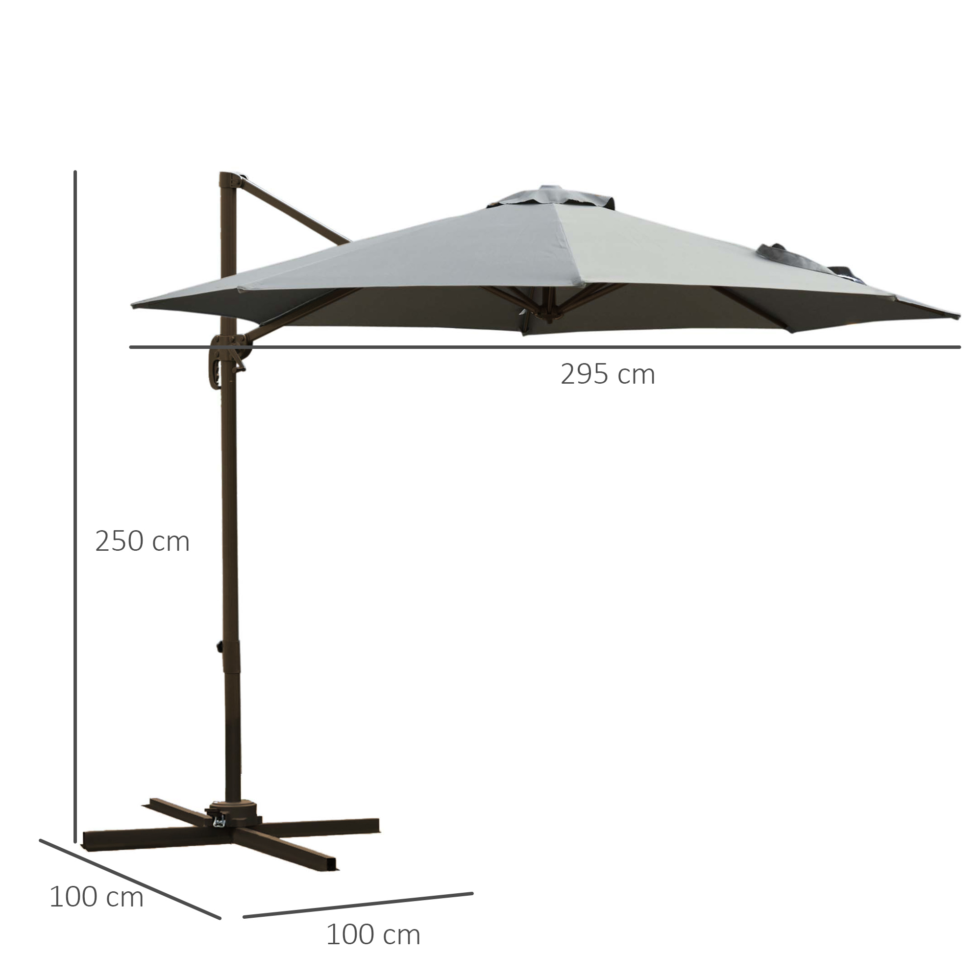 Un ombrellone a sbalzo grigio con palo e base a croce marrone scuro. Dimensioni: 250x295 cm.