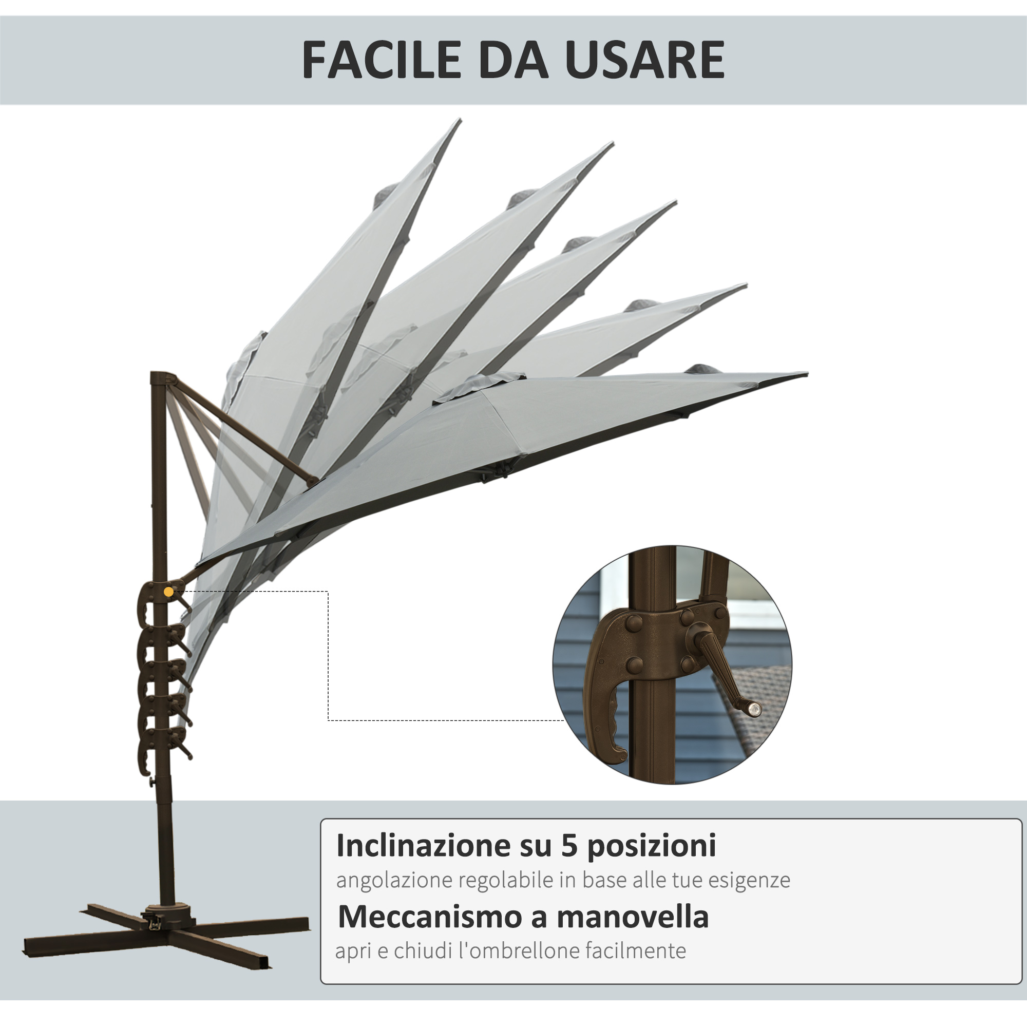 Un ombrellone a sbalzo grigio con inclinazione e meccanismo a manovella.