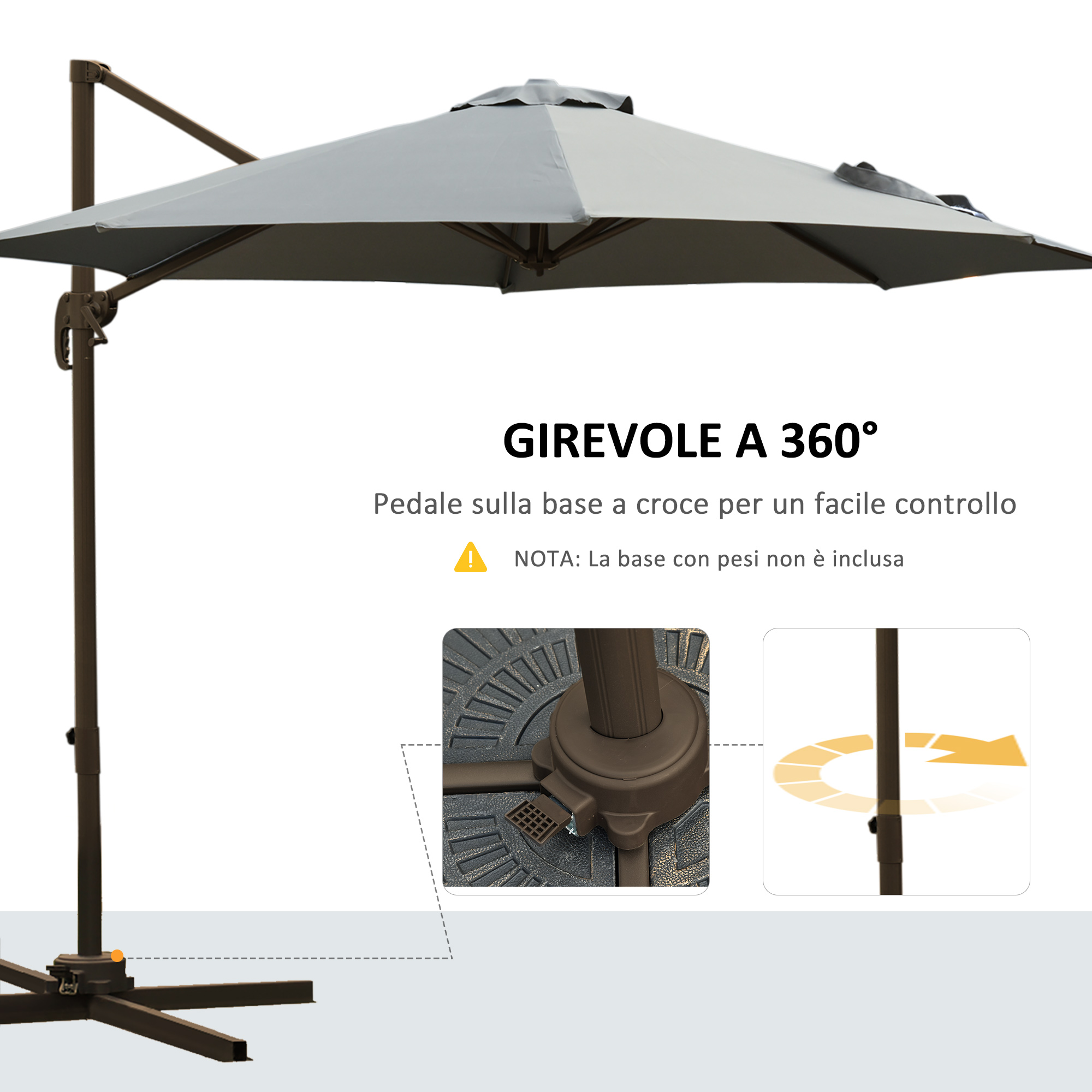 Un ombrellone a sbalzo grigio con asta marrone e funzione di rotazione a 360 gradi.