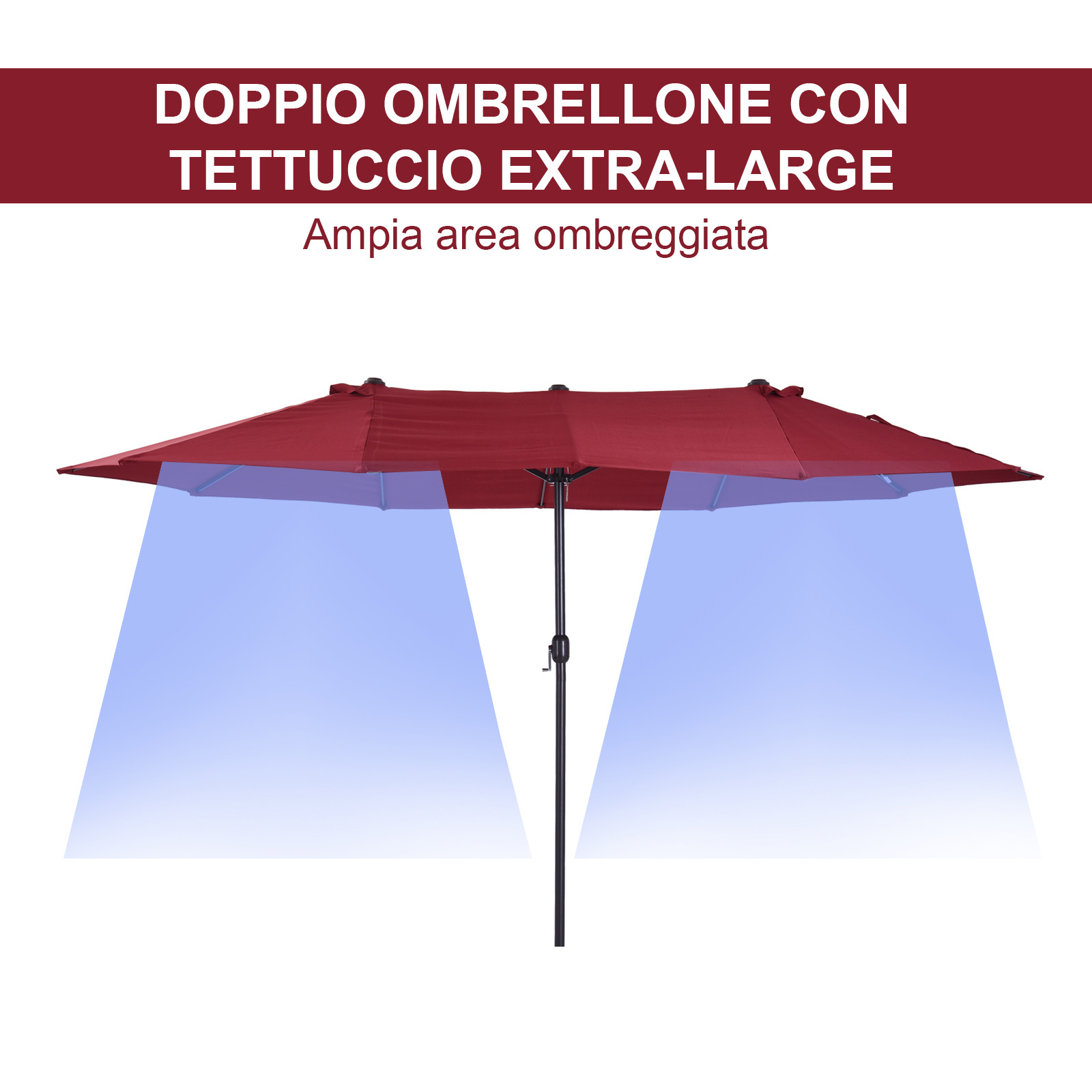 Un ombrellone doppio rosso con tettoia extra-large e zona d'ombra blu.