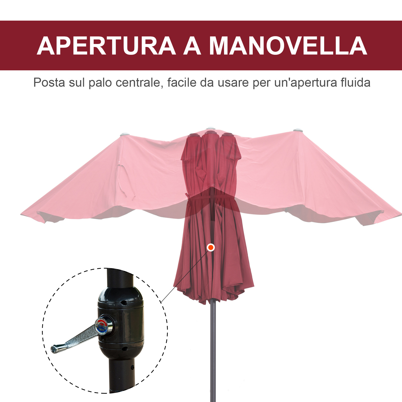 Un ombrellone da esterno con meccanismo a manovella, parzialmente aperto, rosso.