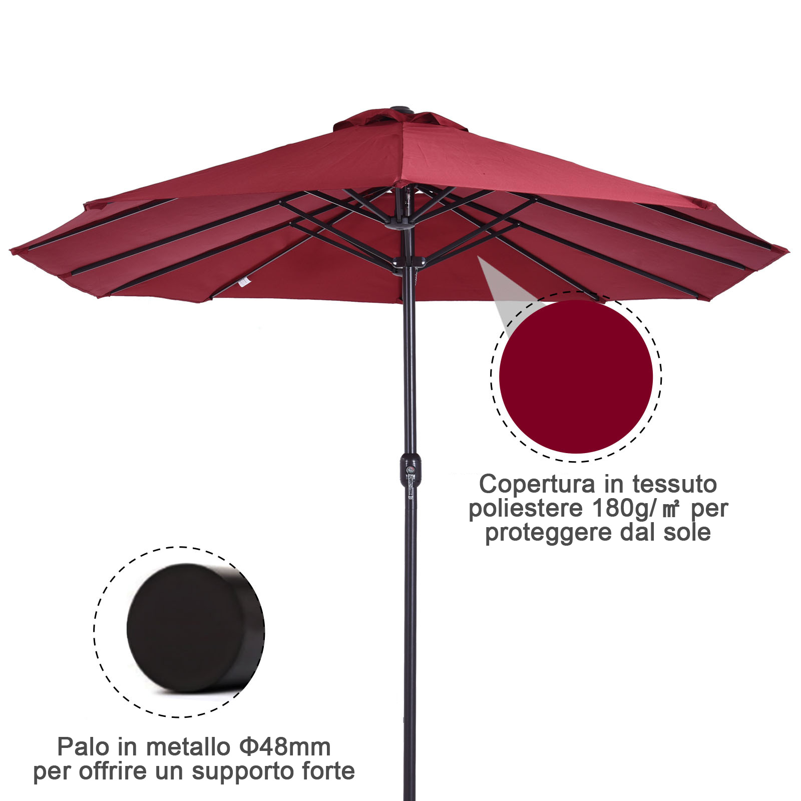 Un ombrellone da esterno rosso con palo in metallo e tessuto.