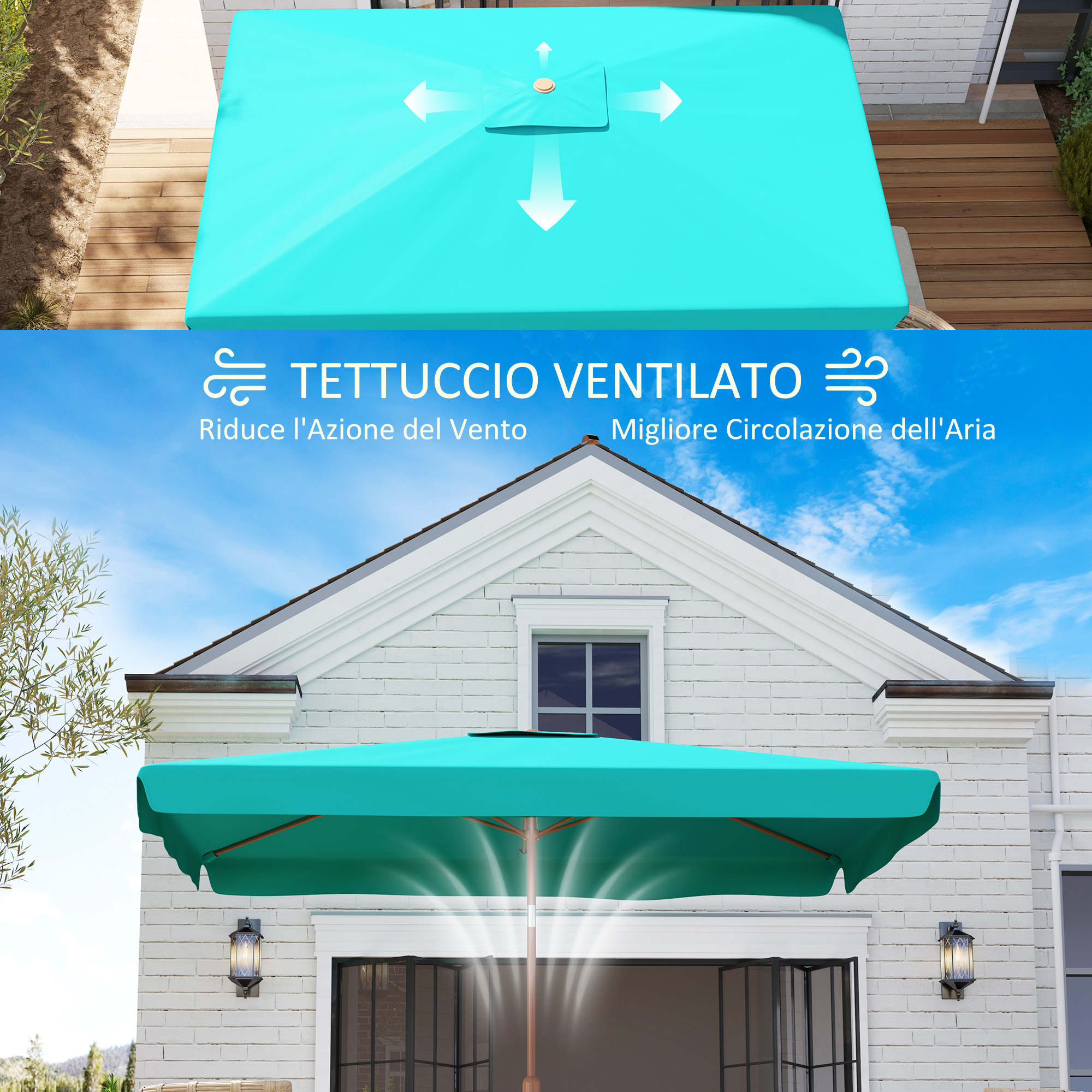 Ombrellone turchese con sistema di ventilazione, posto su un deck di legno.
