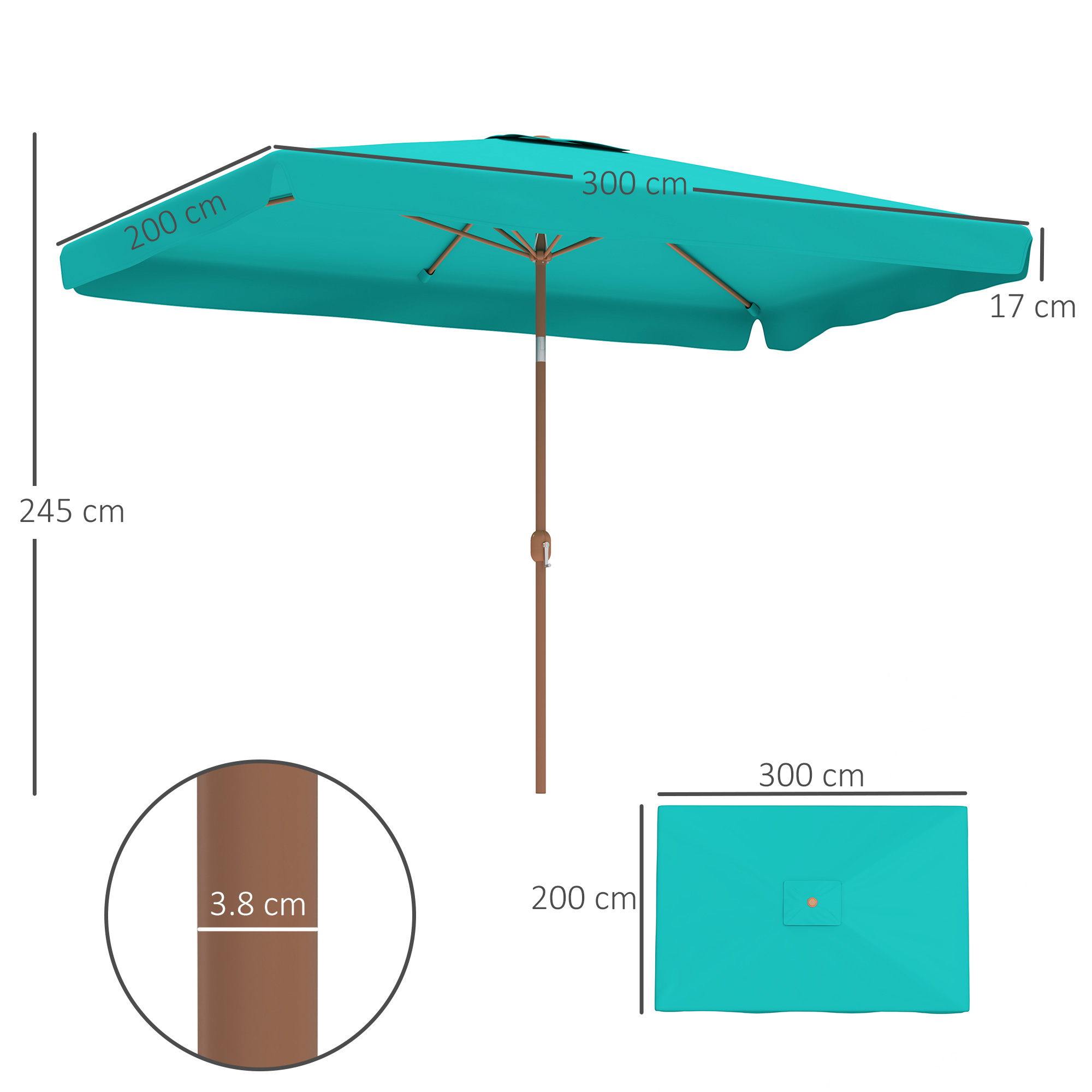 Ombrellone rettangolare turchese con palo in legno. Dimensioni: 300x200x245 cm.