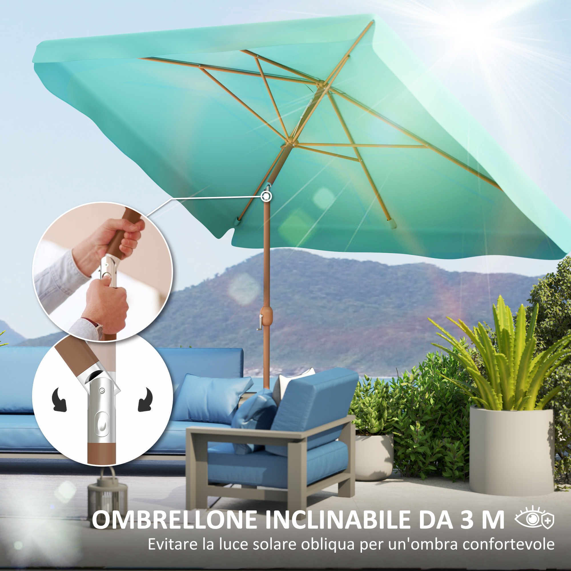 Ombrellone turchese con struttura in legno, su terrazza con divano e poltrona blu.