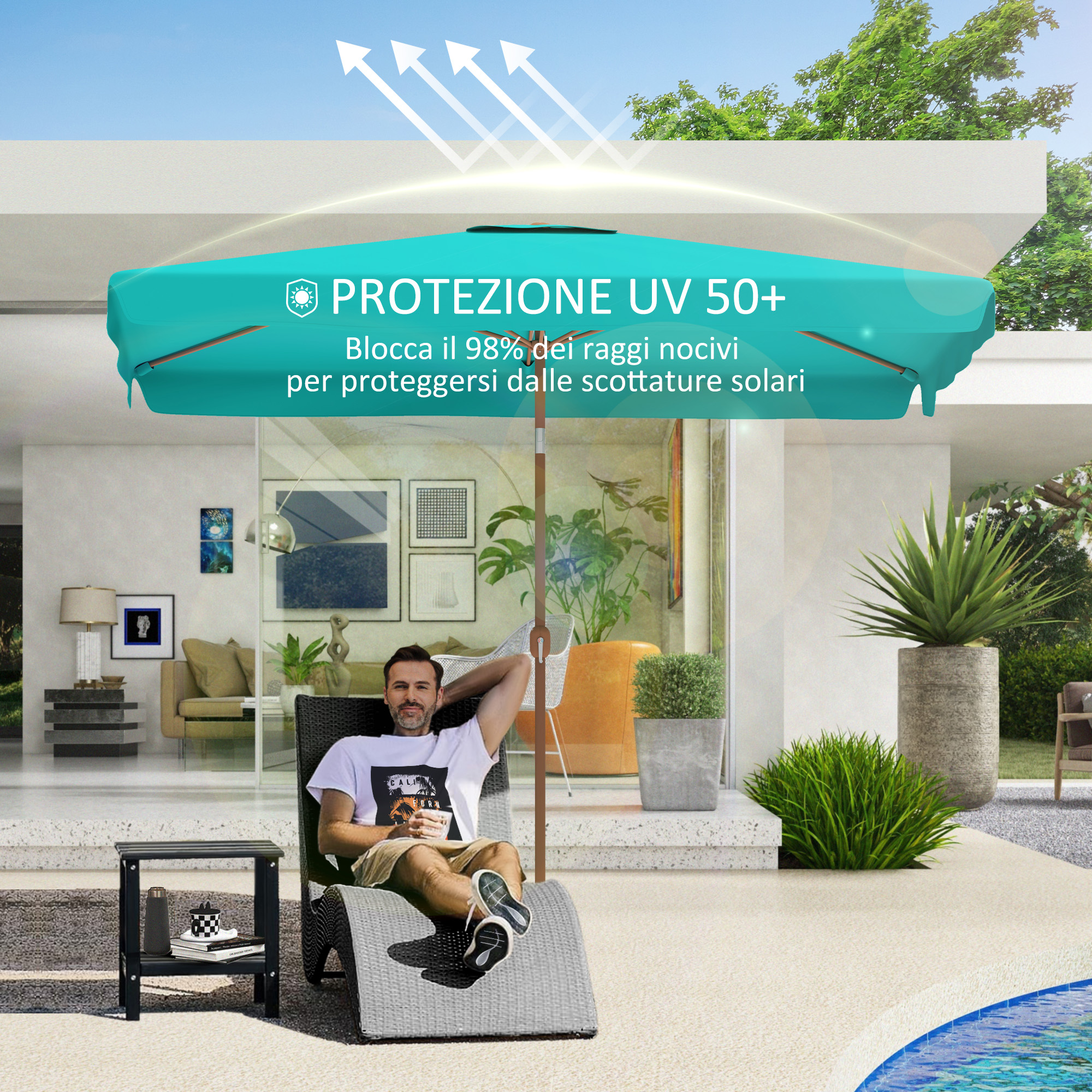 Uomo rilassato sotto un ombrellone turchese con protezione UV 50+.