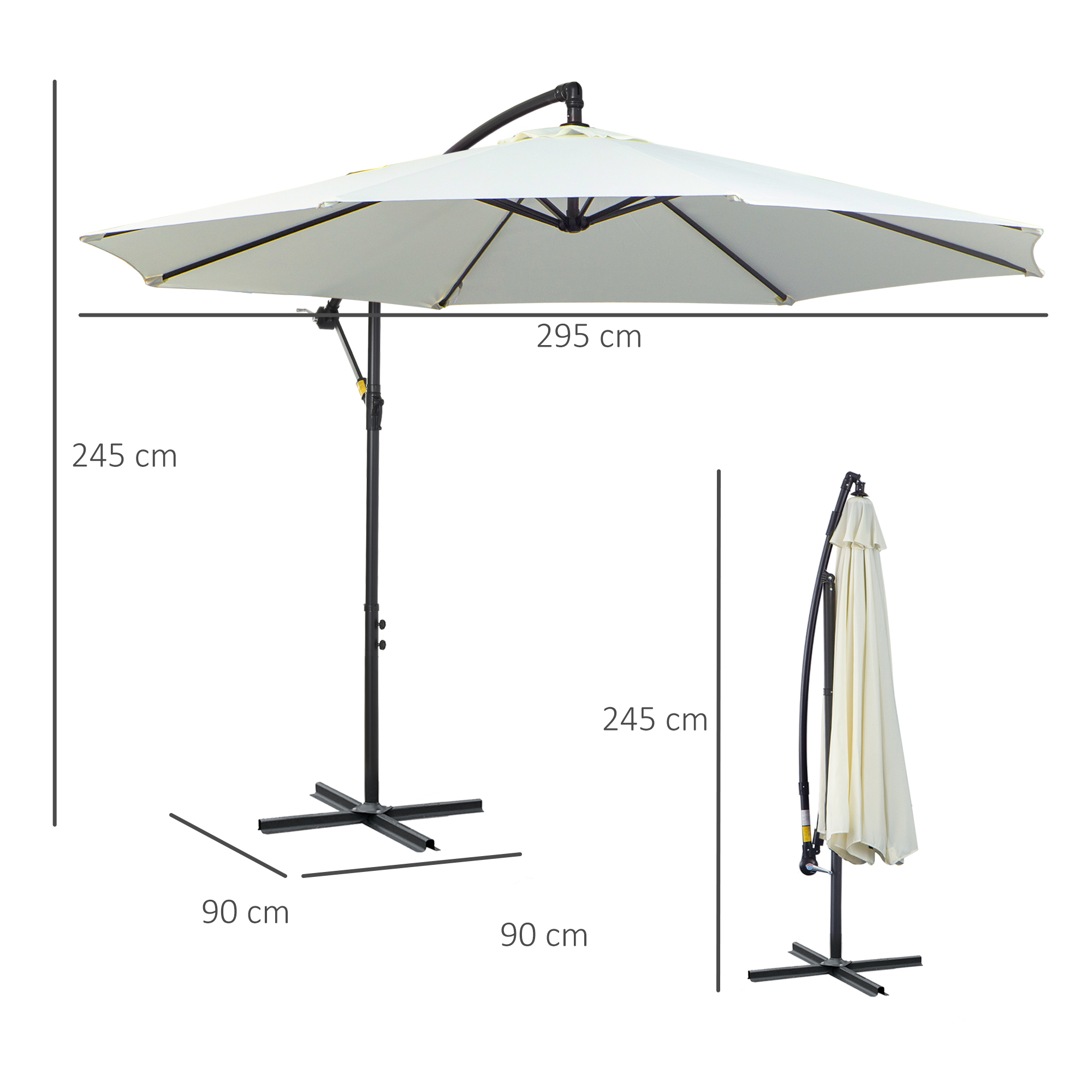Un ombrellone chiaro con struttura nera, misura 295x245 cm.