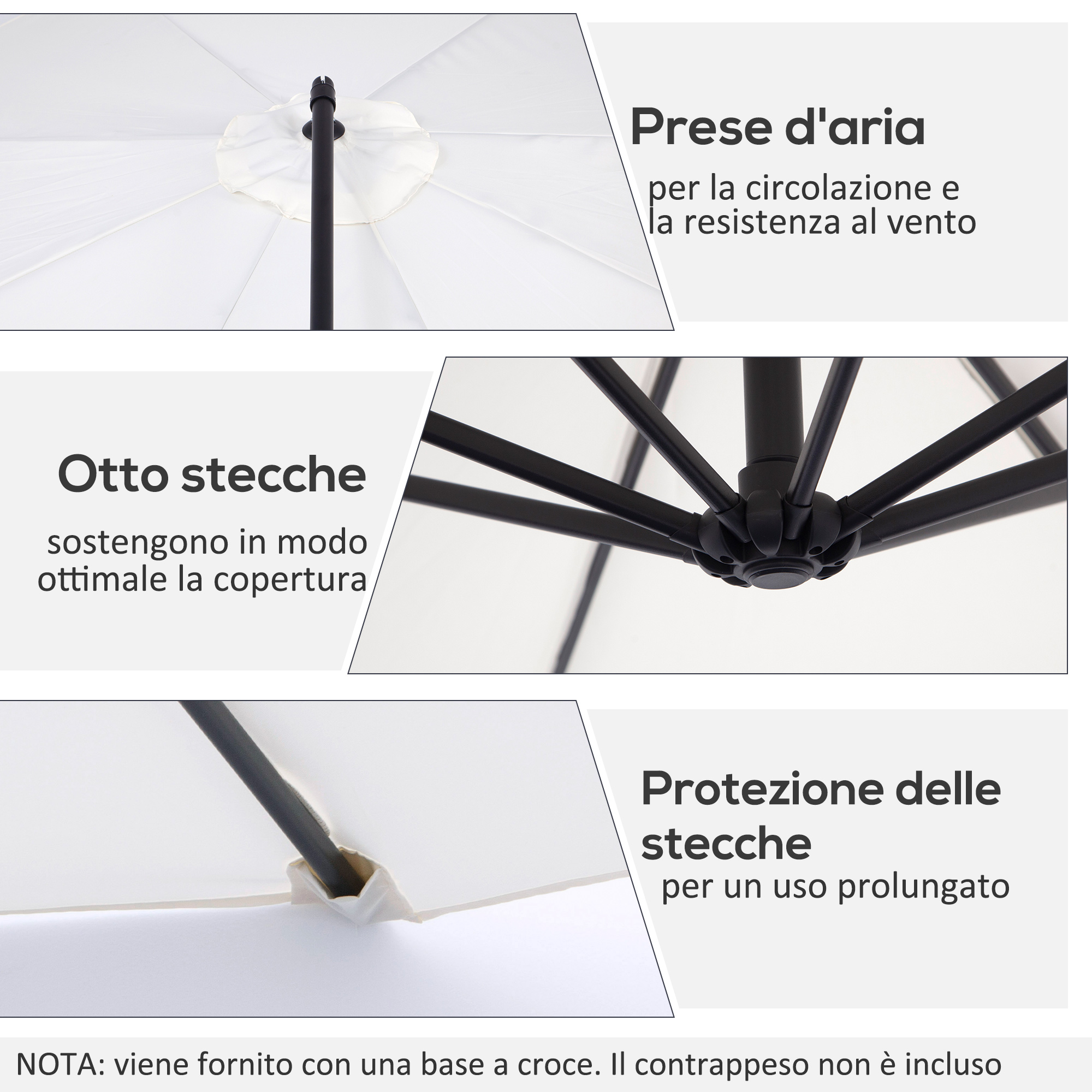 Un ombrello bianco con otto stecche, prese d'aria e protezione.